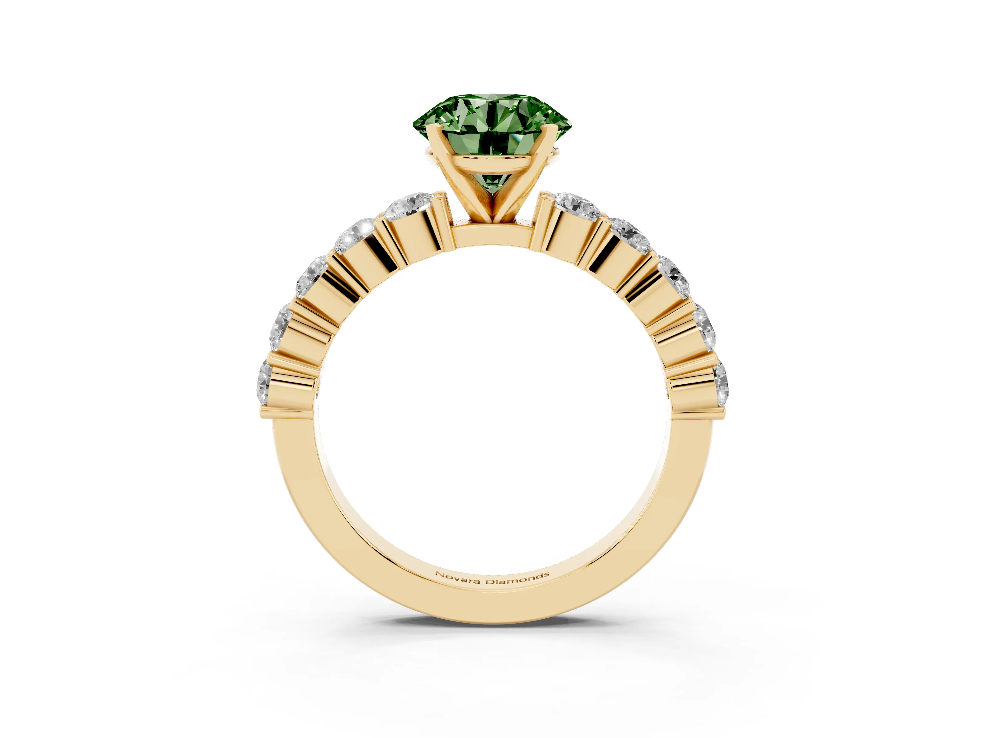 Fancy Green Round Cut Diamond Solitaire Ring Set in Yellow gold with Shared Prong Round Side Stones