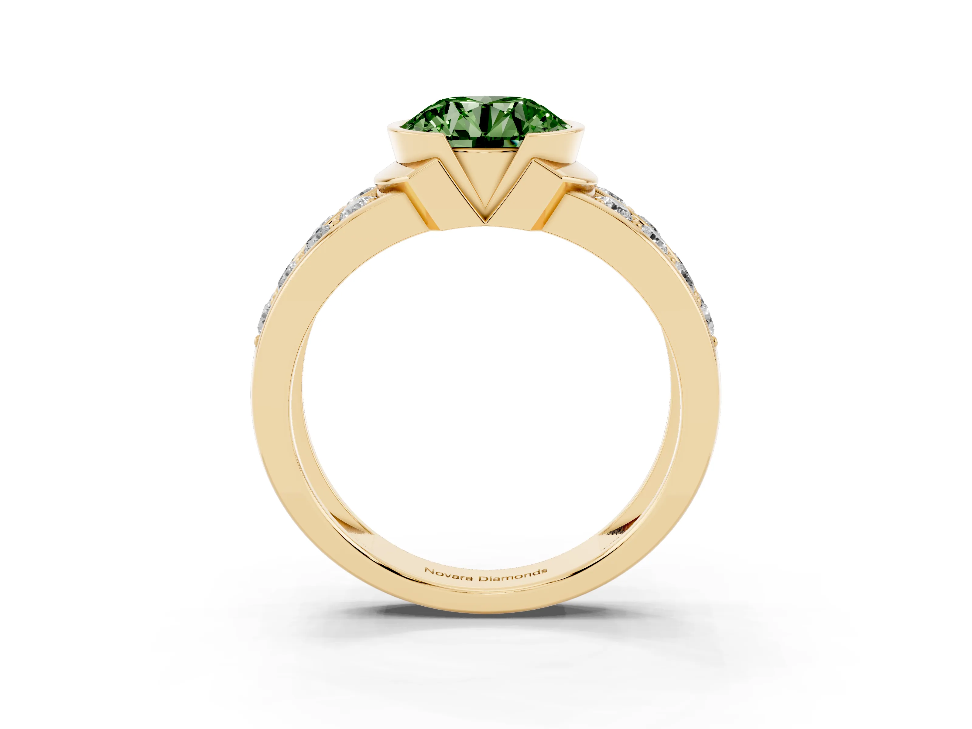 Fancy Green Round Cut Diamond Wide Channel Set Band Ring Set in Yellow gold with Bezel Setting