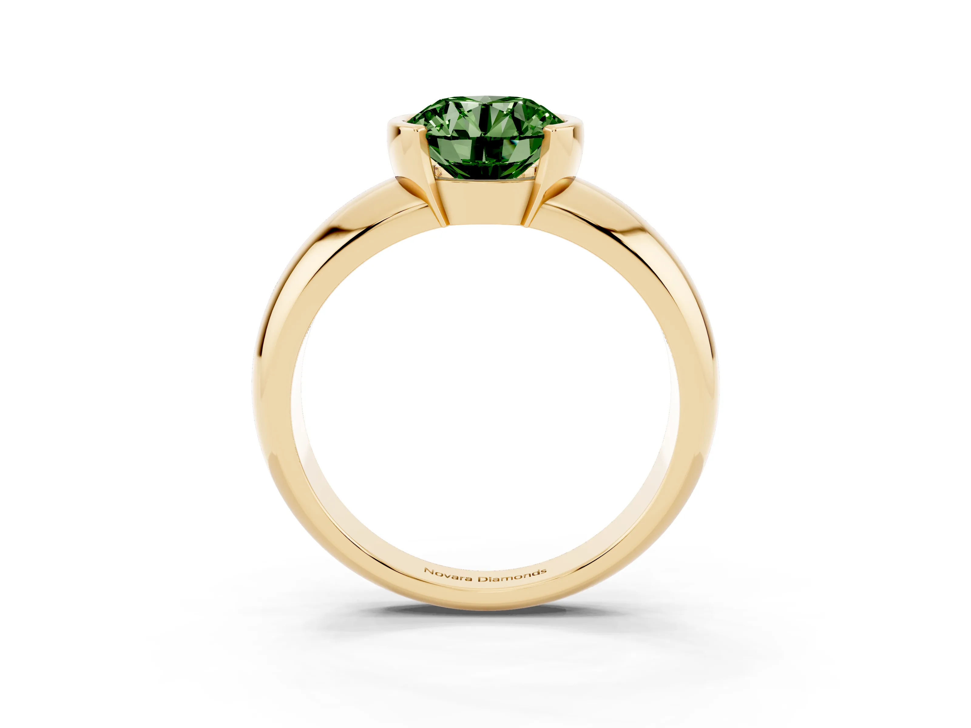Fancy Green Round Cut Diamond Solitaire Tension Set Ring Set in Yellow gold with Wide Band