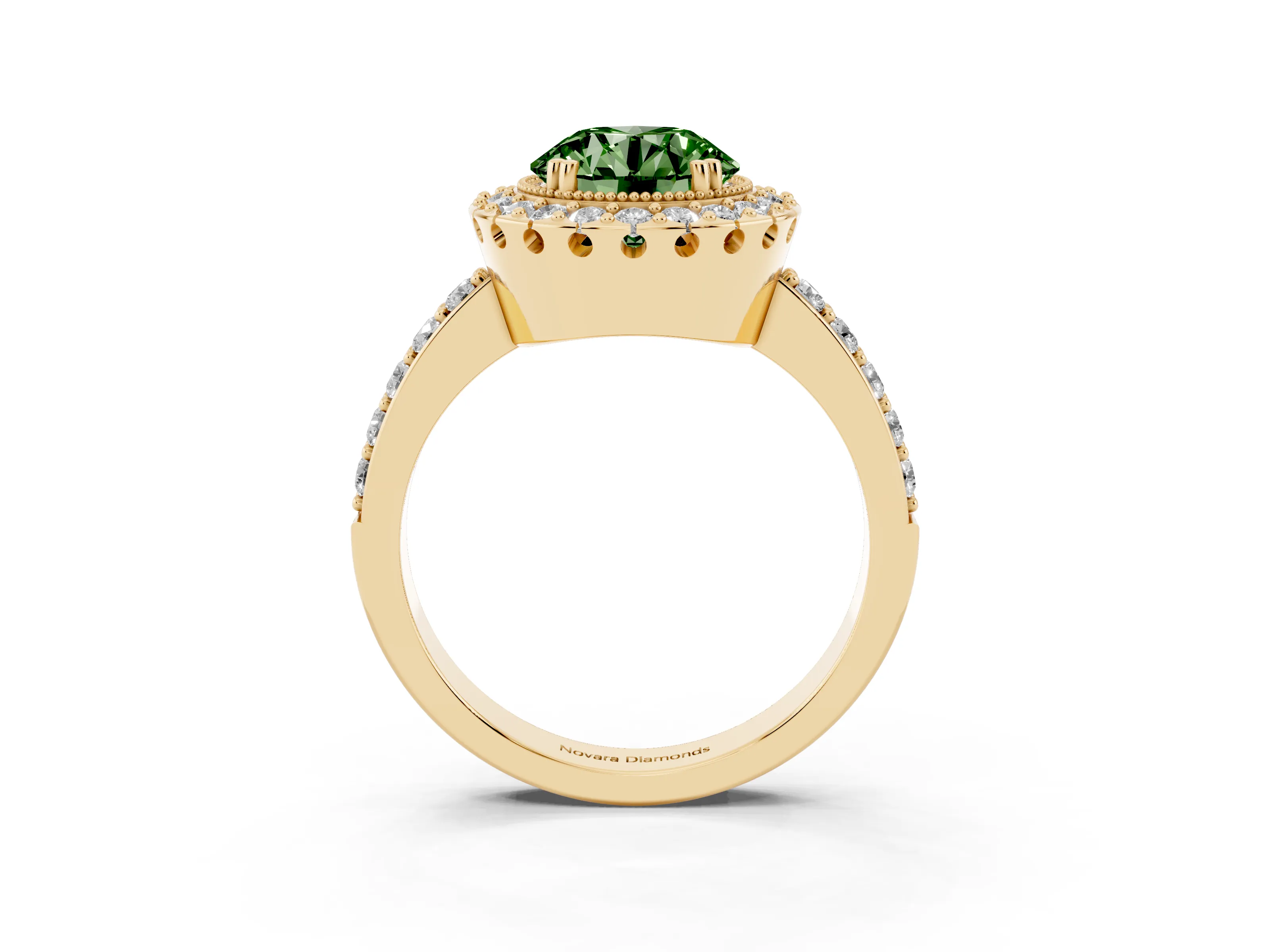 Fancy Green Round Cut Diamond Halo Ring Set in Yellow gold with Pavé Shank and Prong Setting