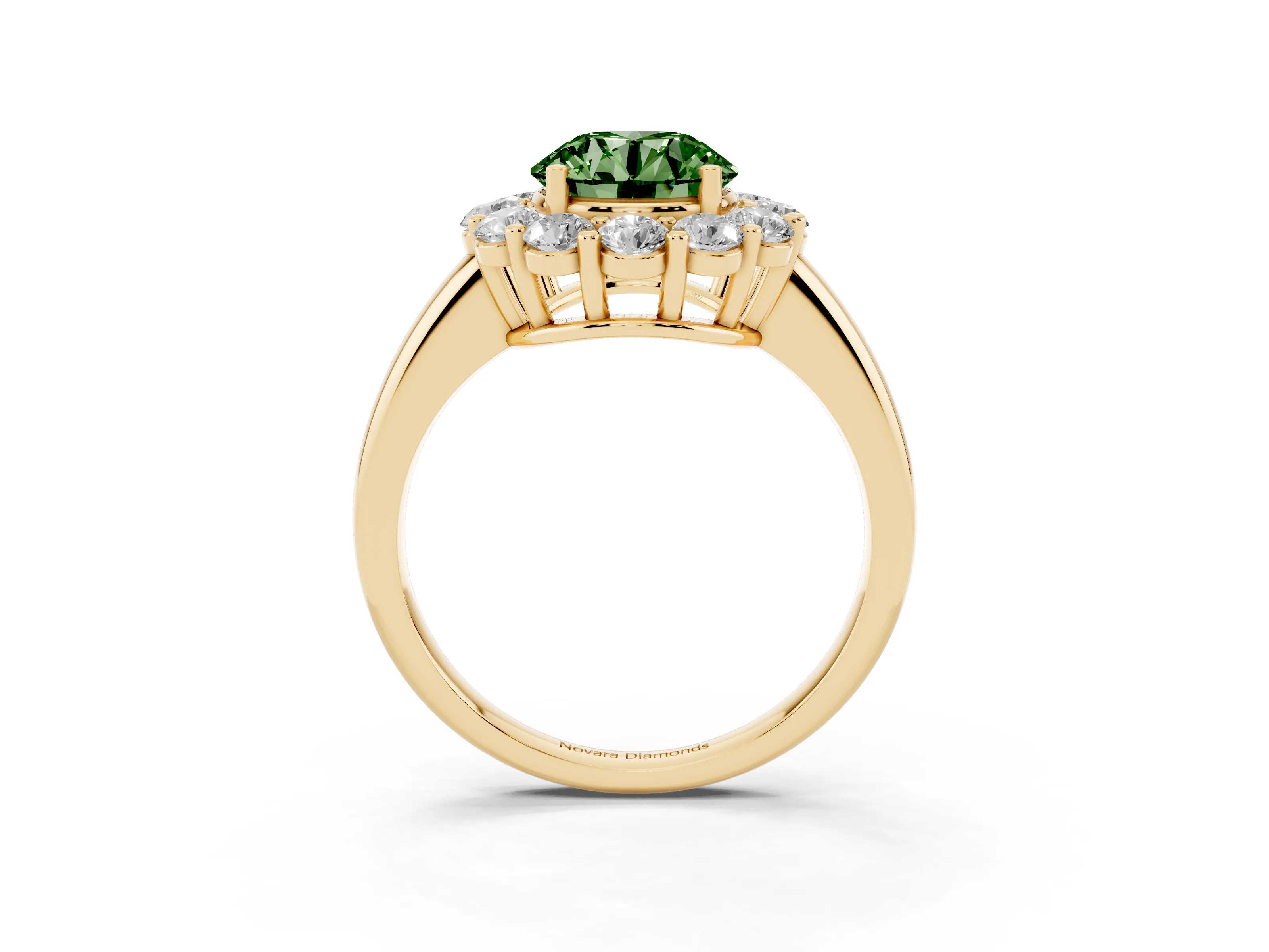 Fancy Green Round Cut Diamond Halo Cluster Engagement Ring Set in Yellow gold with Polished Band and Prong Setting