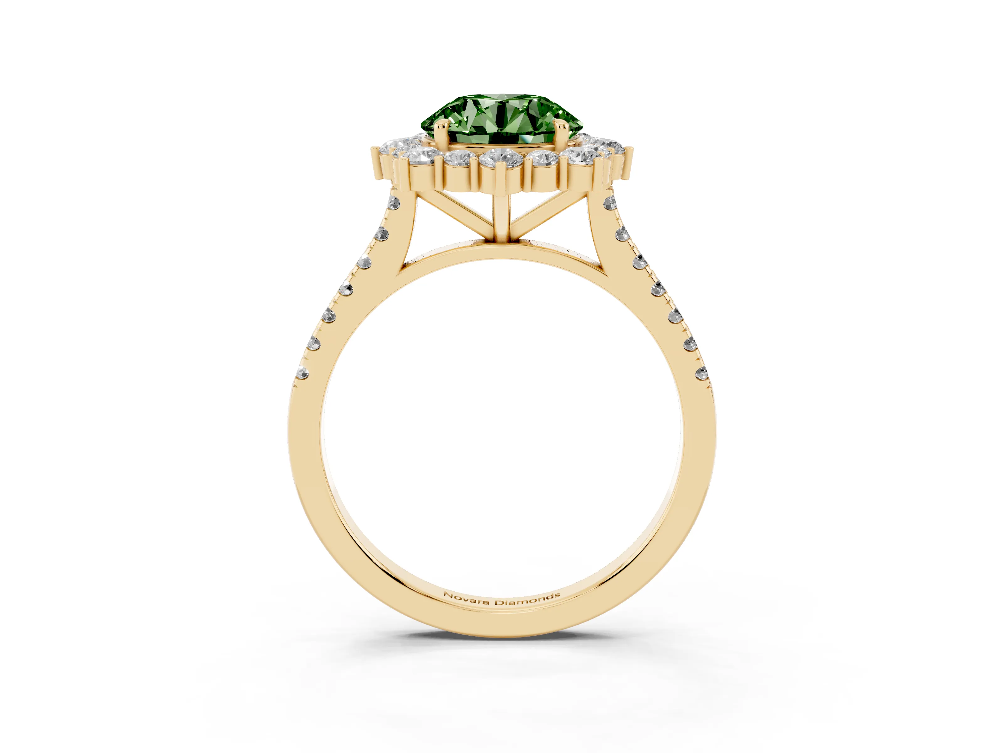 Fancy Green Round Cut Diamond Halo Ring Set in Yellow gold with Pavé Band and Prong Setting