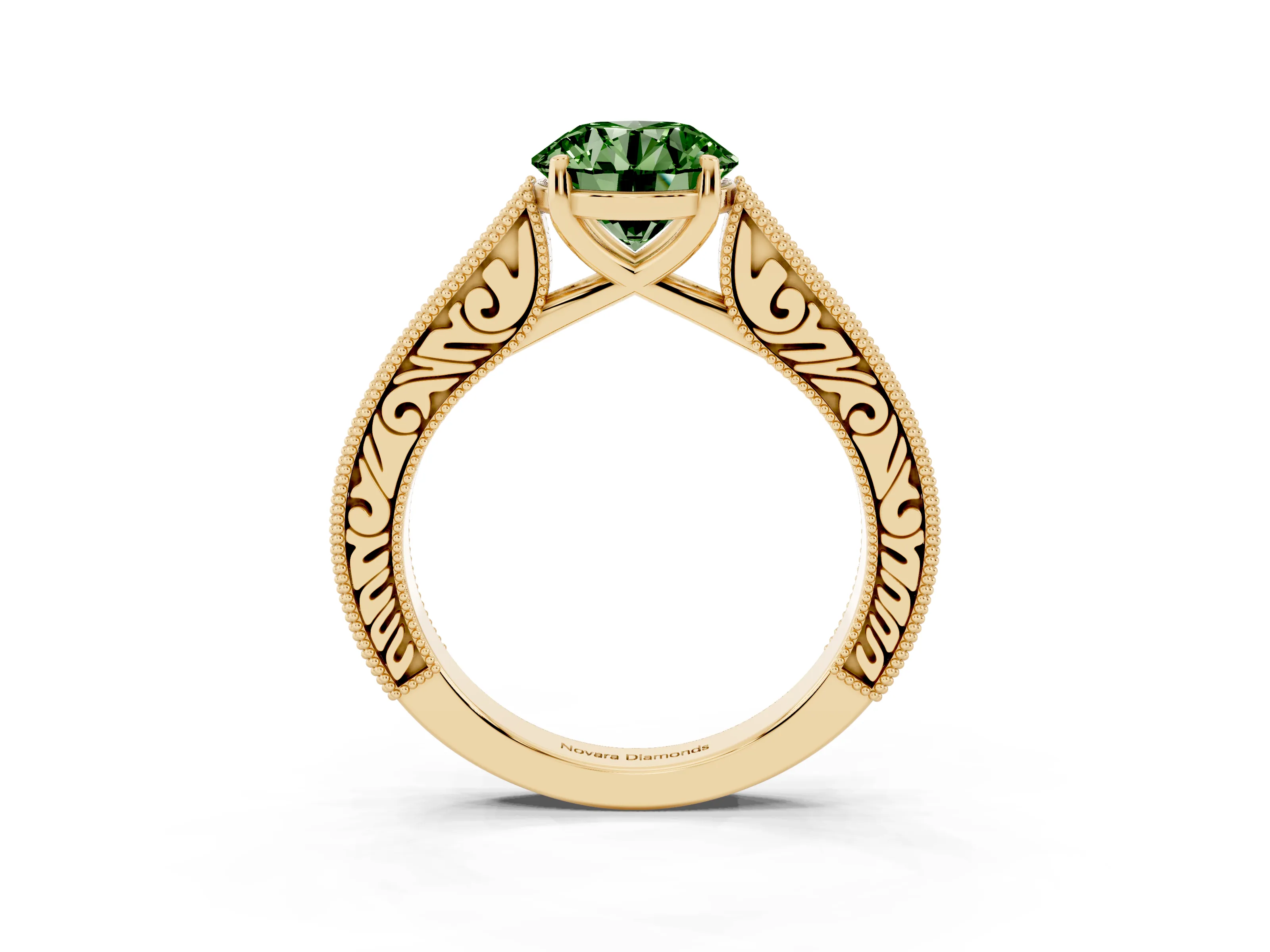Fancy Green Round Cut Diamond Milgrain Pavé Band Solitaire Ring Set in Yellow gold with Prong Setting