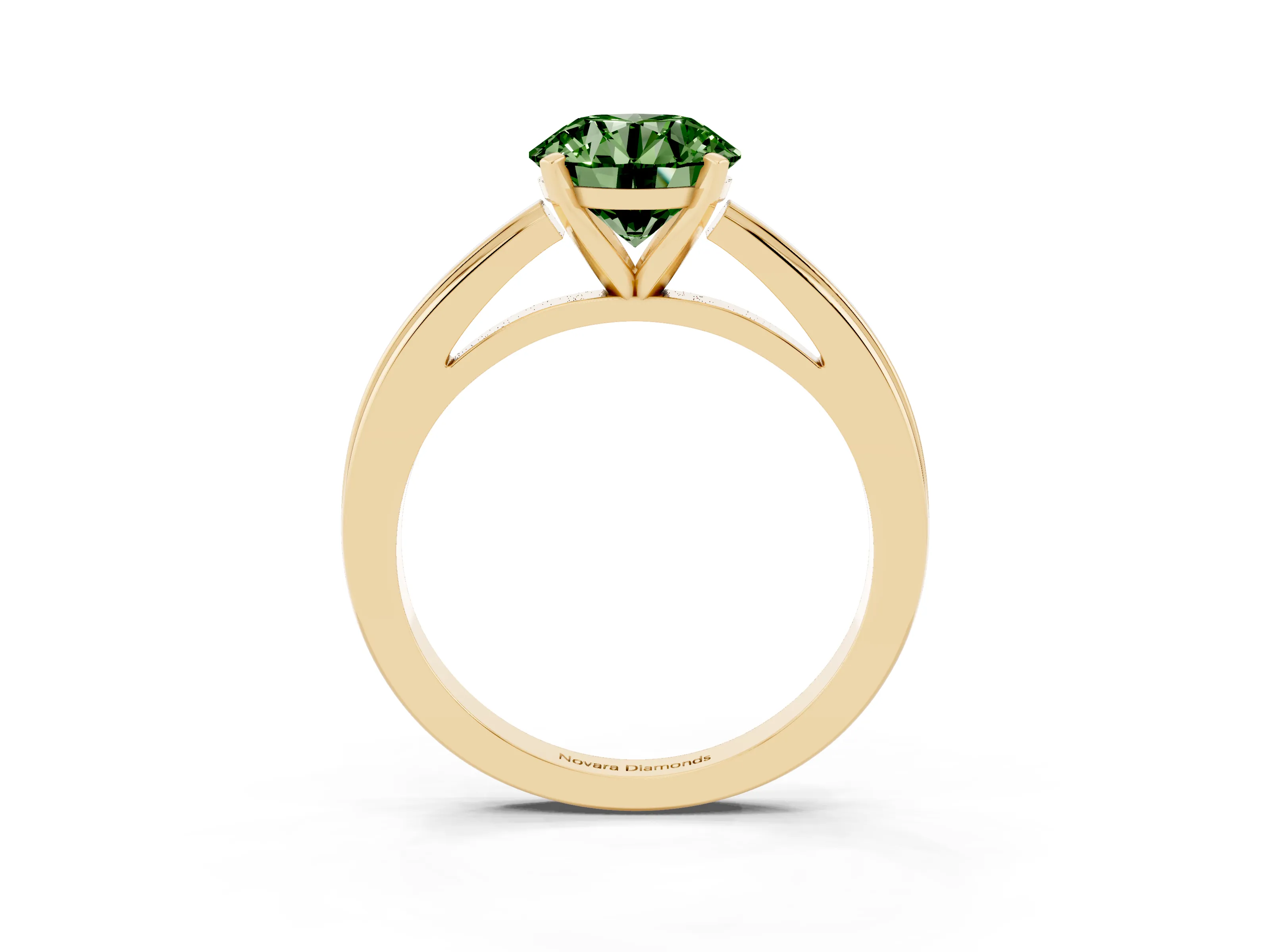 Fancy Green Round Cut Diamond Solitaire Ring Set in Yellow gold with Prong Setting and Classic Band