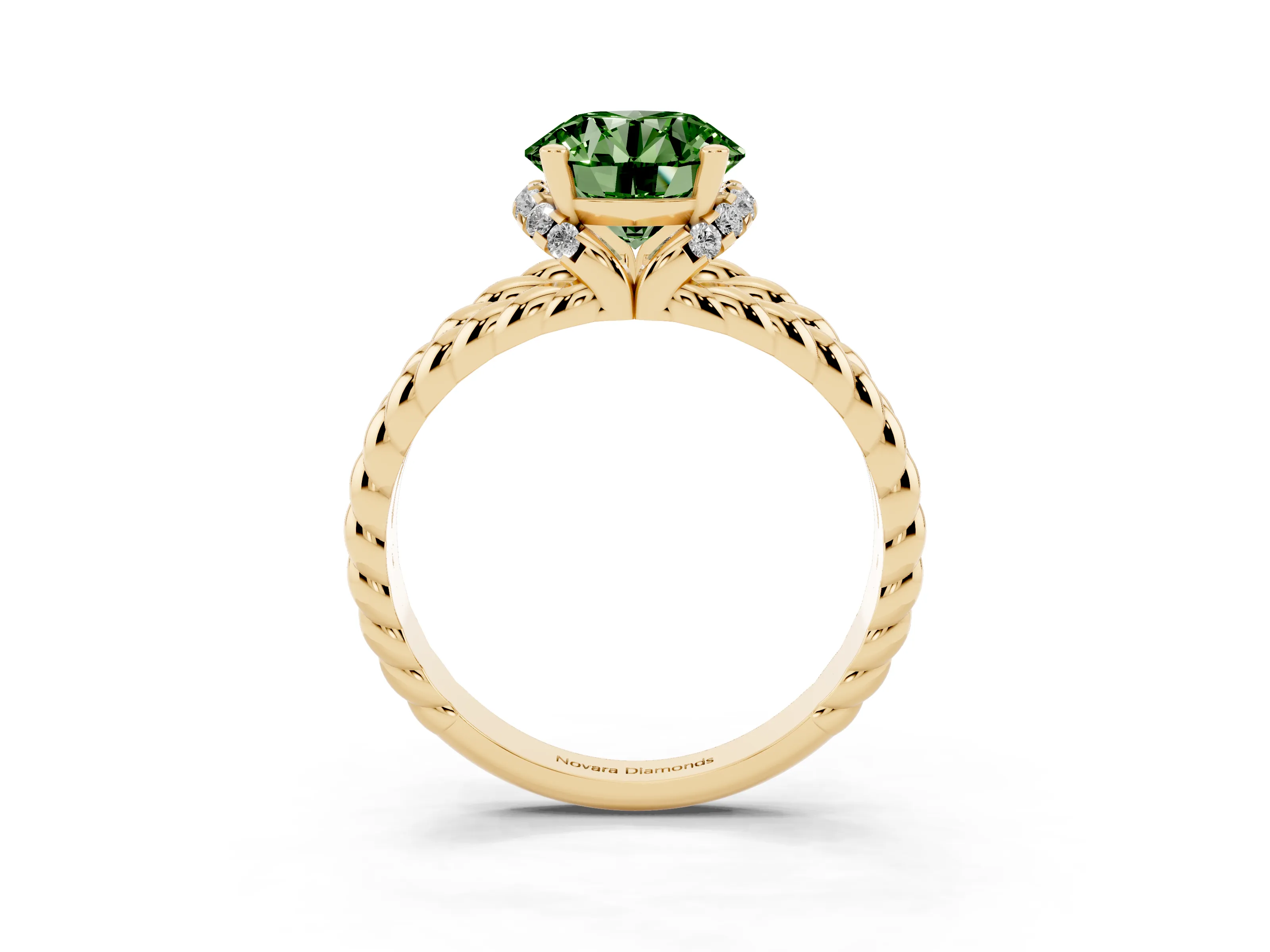 Fancy Green Round Cut Diamond Halo Ring Set in Yellow gold with Twisted Band and Prong Setting
