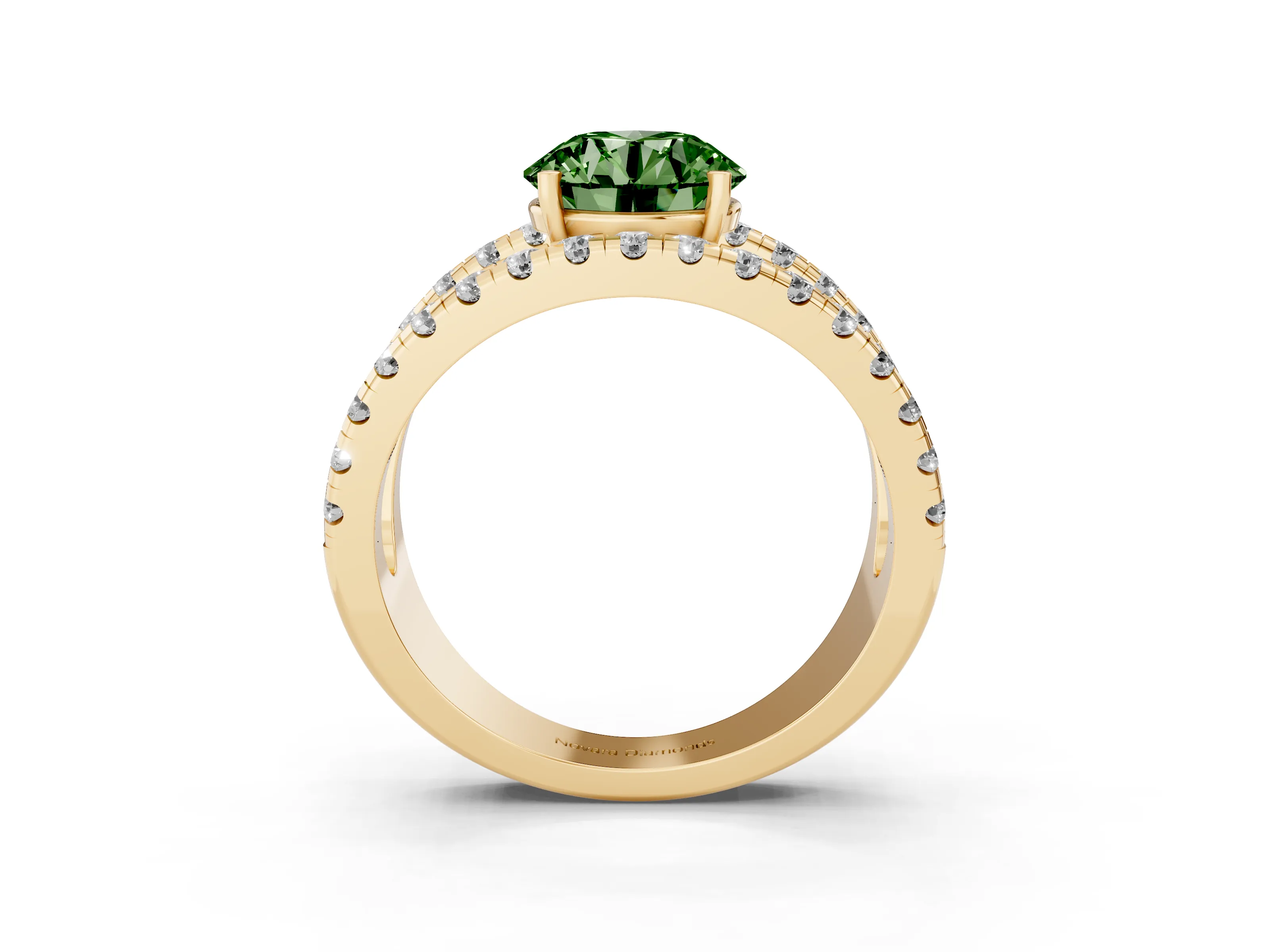 Fancy Green Round Cut Diamond Split Shank Pavé Solitaire Ring Set in Yellow gold with Open Shank Design