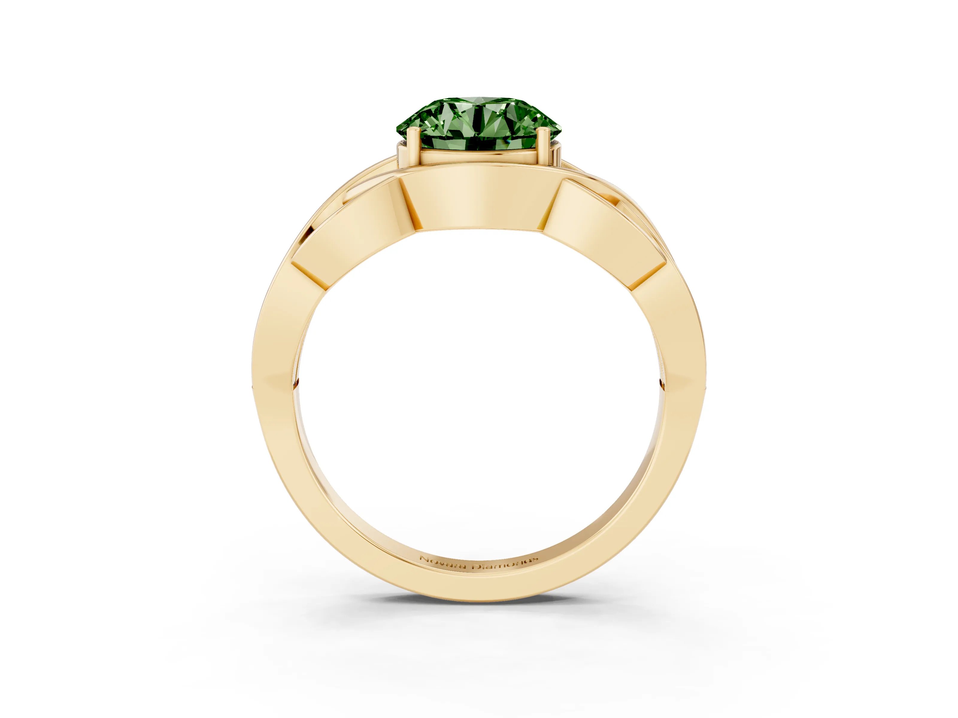Fancy Green Round Cut Diamond Solitaire Ring Set in Yellow gold with Intertwined Band