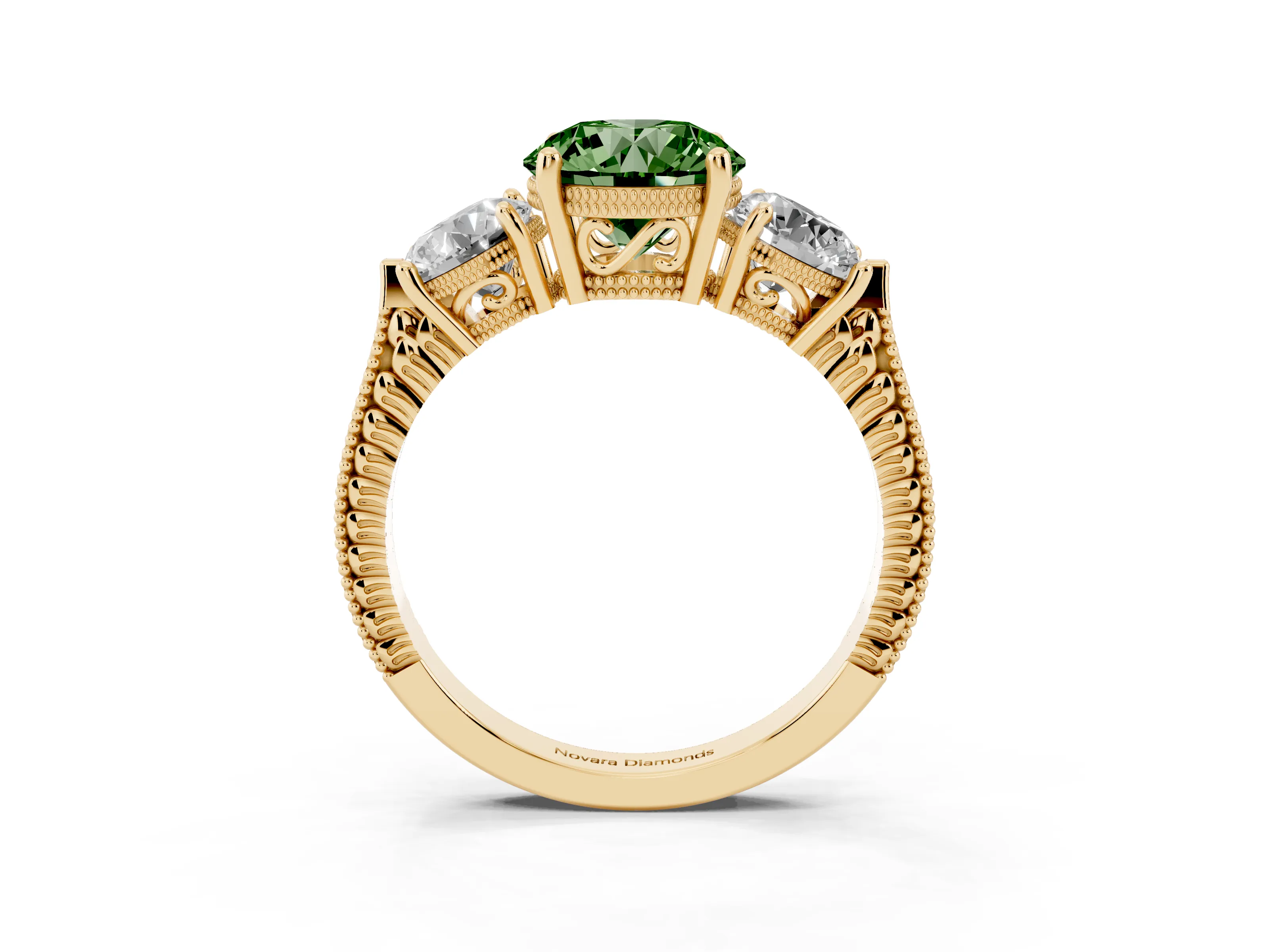 Fancy Green Round Cut Diamond Three-Stone Ring Set in Yellow gold with Milgrain Band