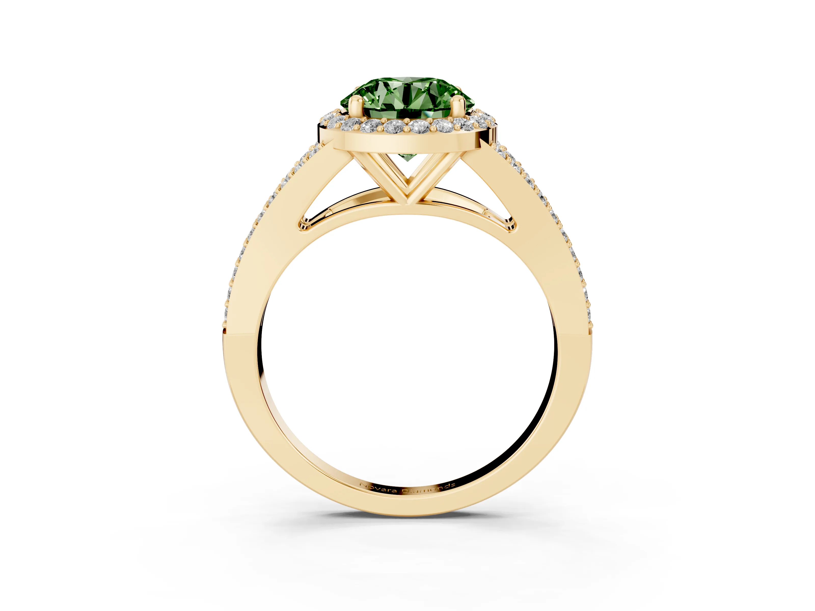 Fancy Green Round Cut Diamond Halo Split Shank Pavé Ring Set in Yellow gold with Prong Setting