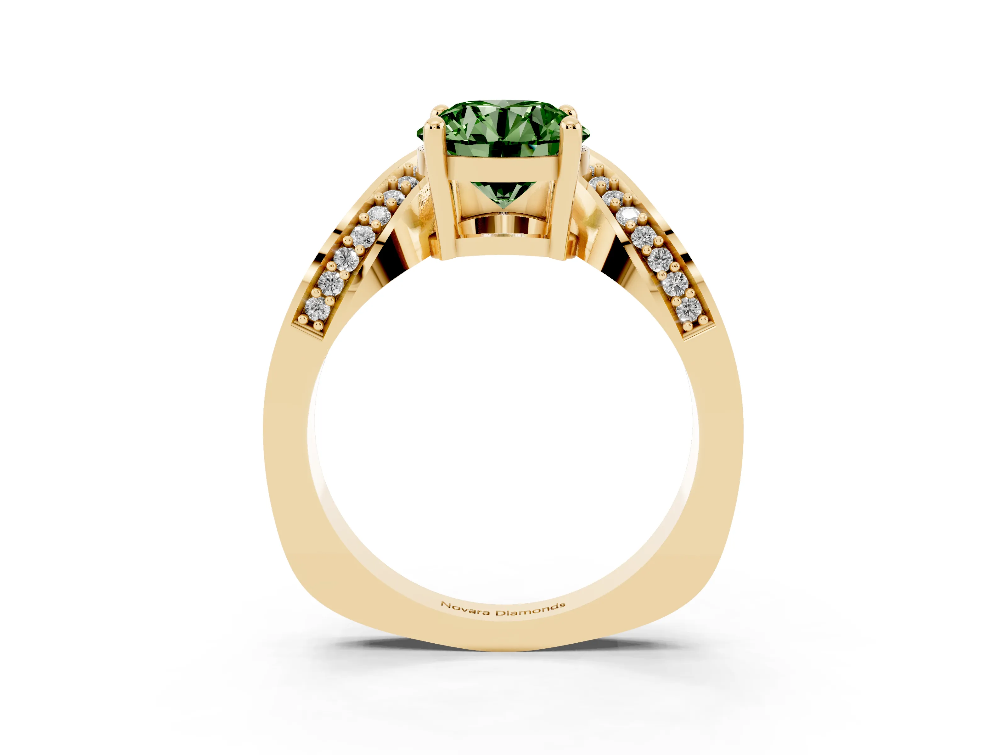 Fancy Green Round Cut Diamond Solitaire Engagement Ring Set in Yellow gold with Pavé Shoulders