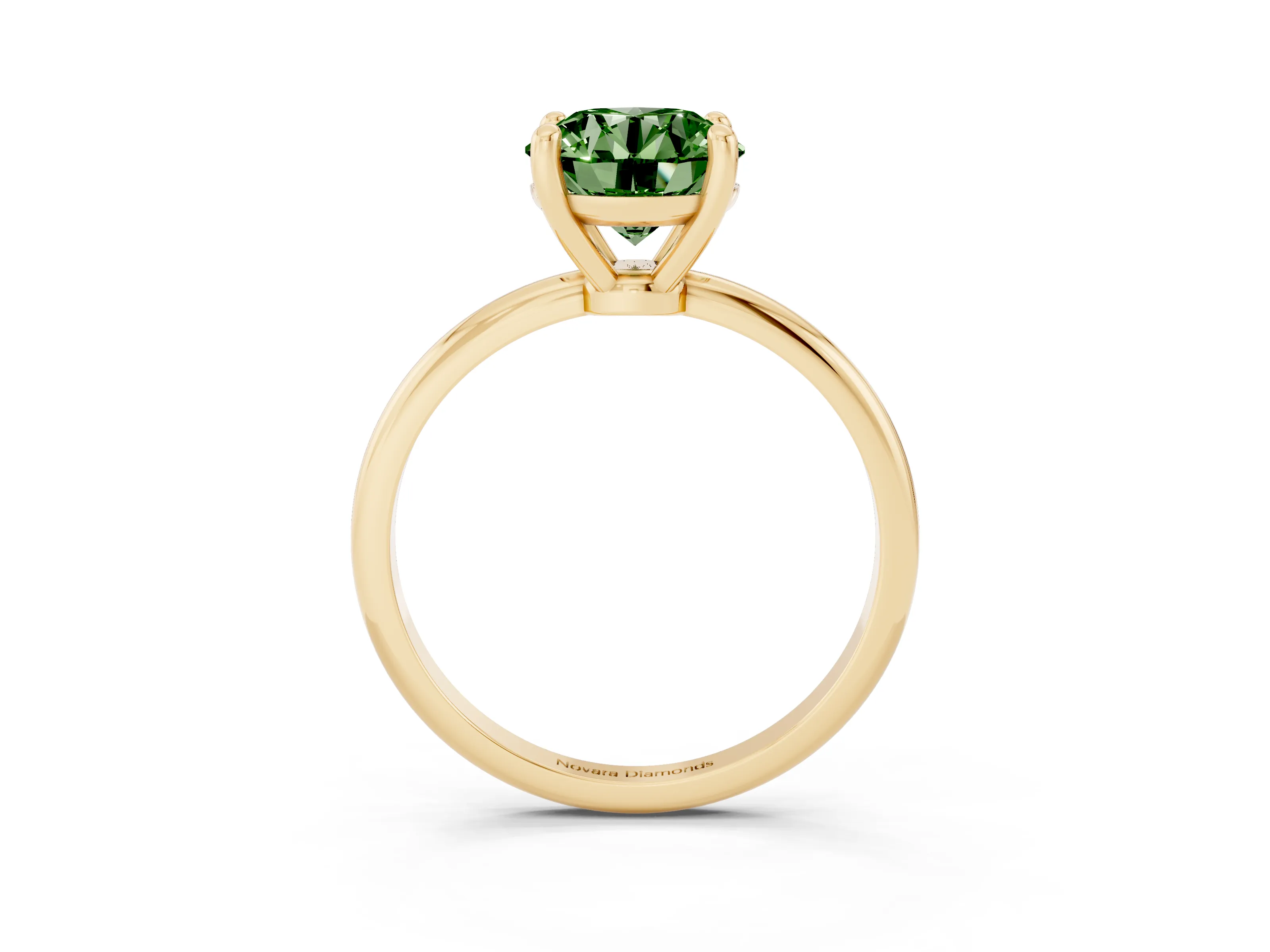 Fancy Green Round Cut Diamond Solitaire Ring Set in Yellow gold with Secure Prong Setting on a Classic Band