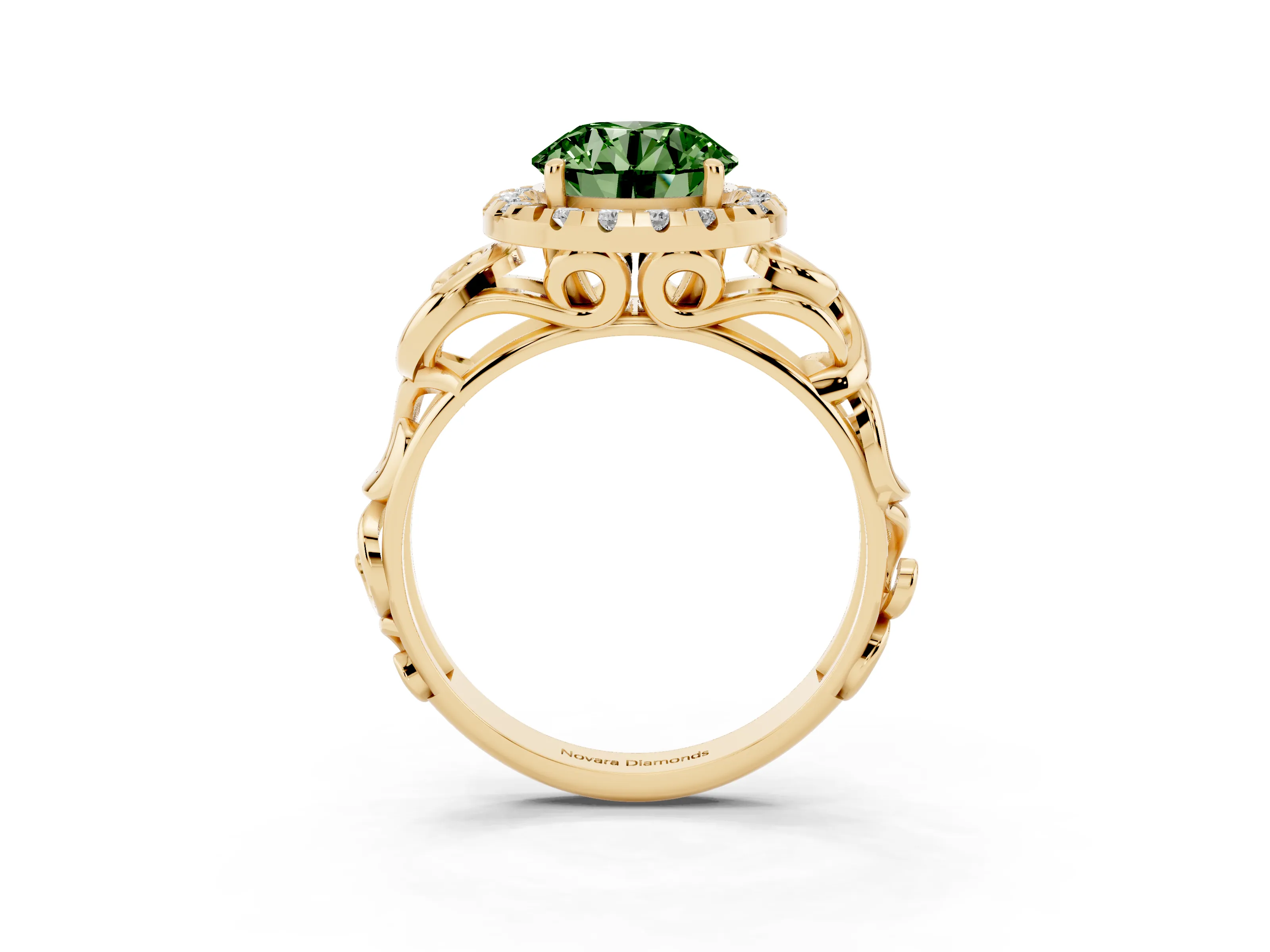 Fancy Green Round Cut Diamond Halo Ring Set in Yellow gold with Scrollwork Band and Prong Setting