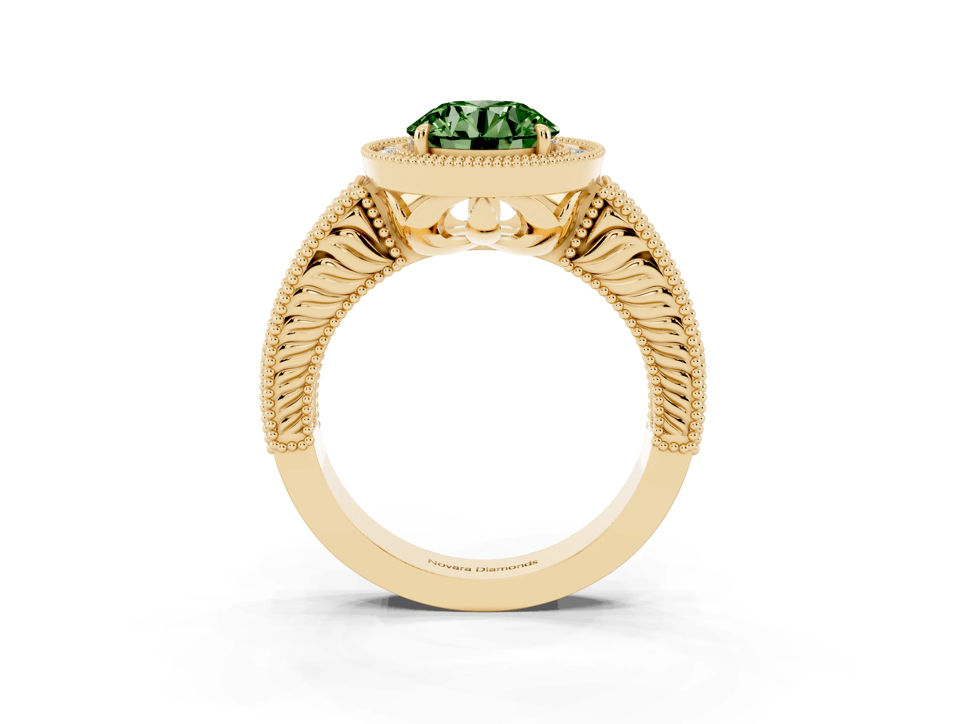 Fancy Green Round Cut Diamond Halo Ring Set in Yellow gold with Round Accent Halo, Pavé Band and Prong Setting