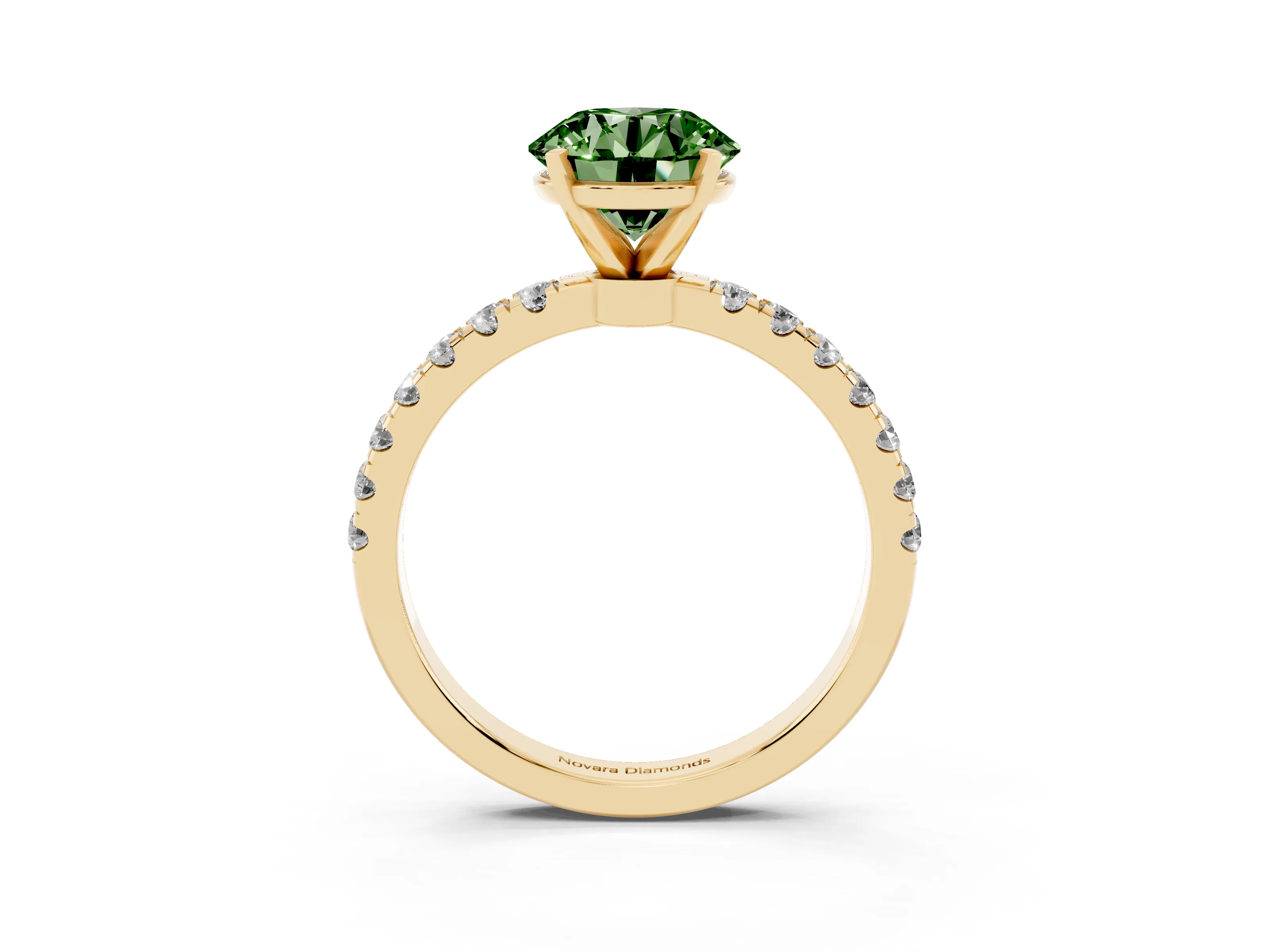 Fancy Green Round Cut Diamond Solitaire Ring Set in Yellow gold with Pavé Accents and Prong Setting
