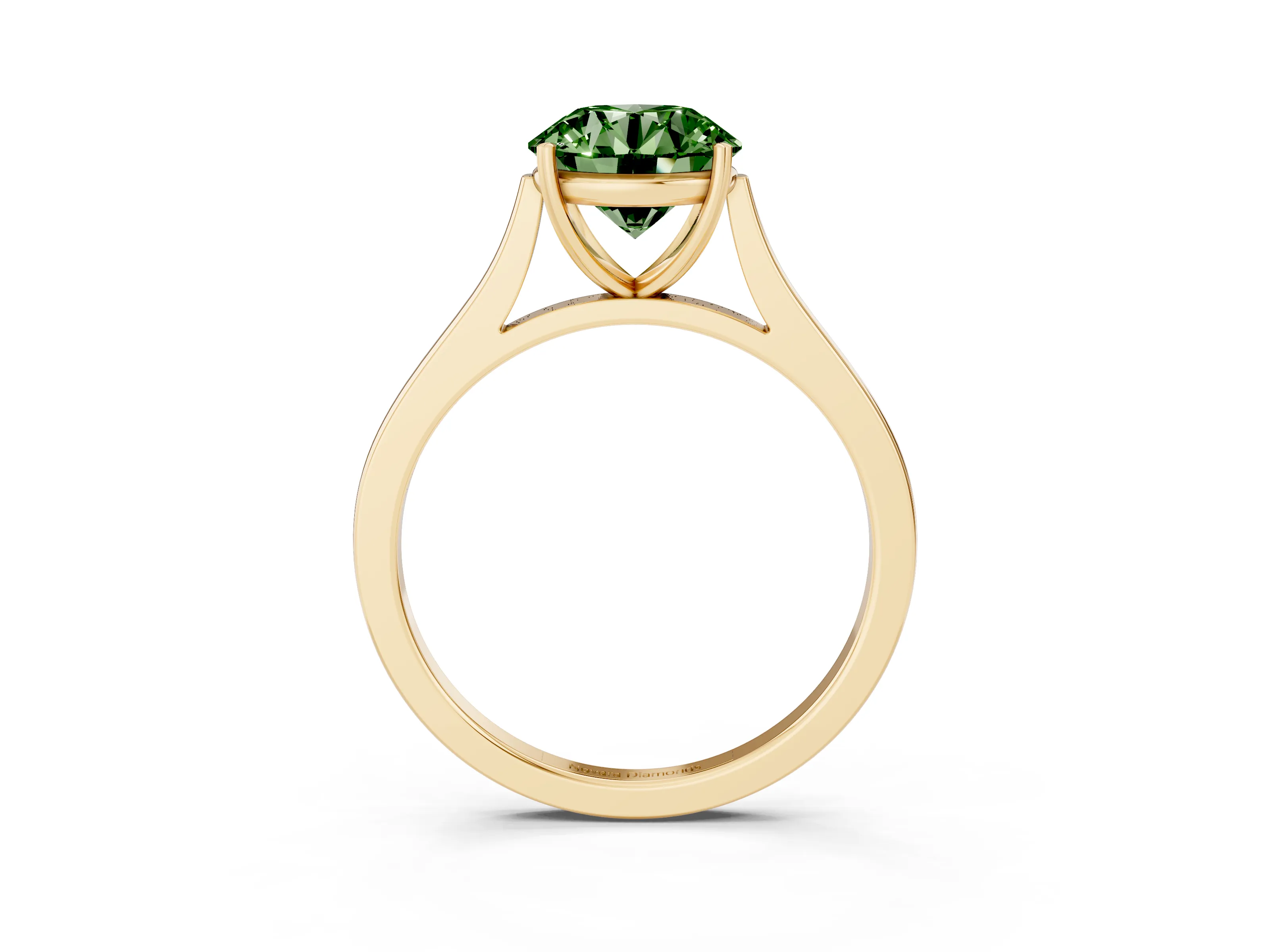 Fancy Green Round Cut Diamond Solitaire Heart Prong Engagement Ring Set in Yellow gold with Tapered Band