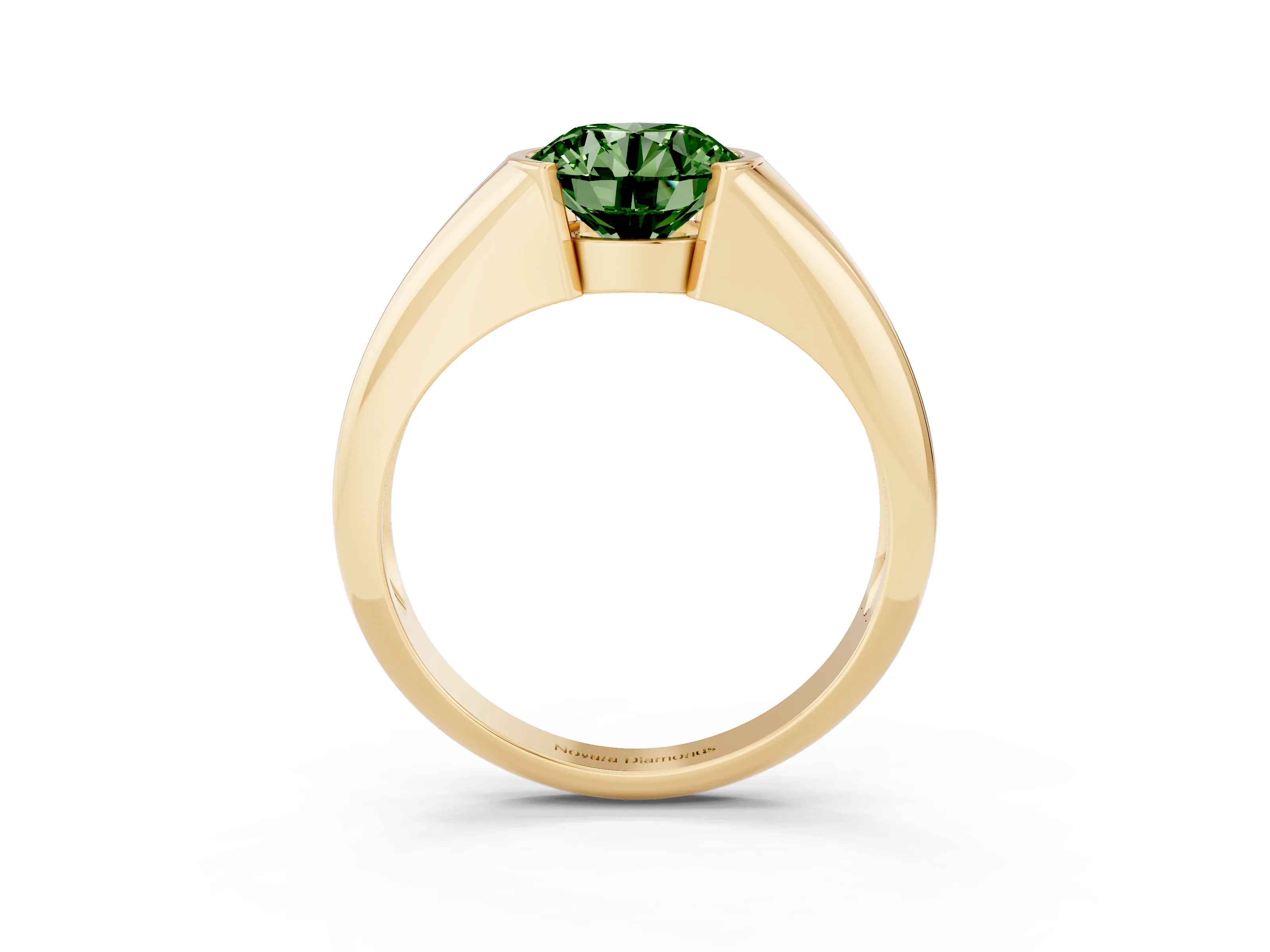 Fancy Green Round Cut Diamond Solitaire Tension Set Ring Set in Yellow gold