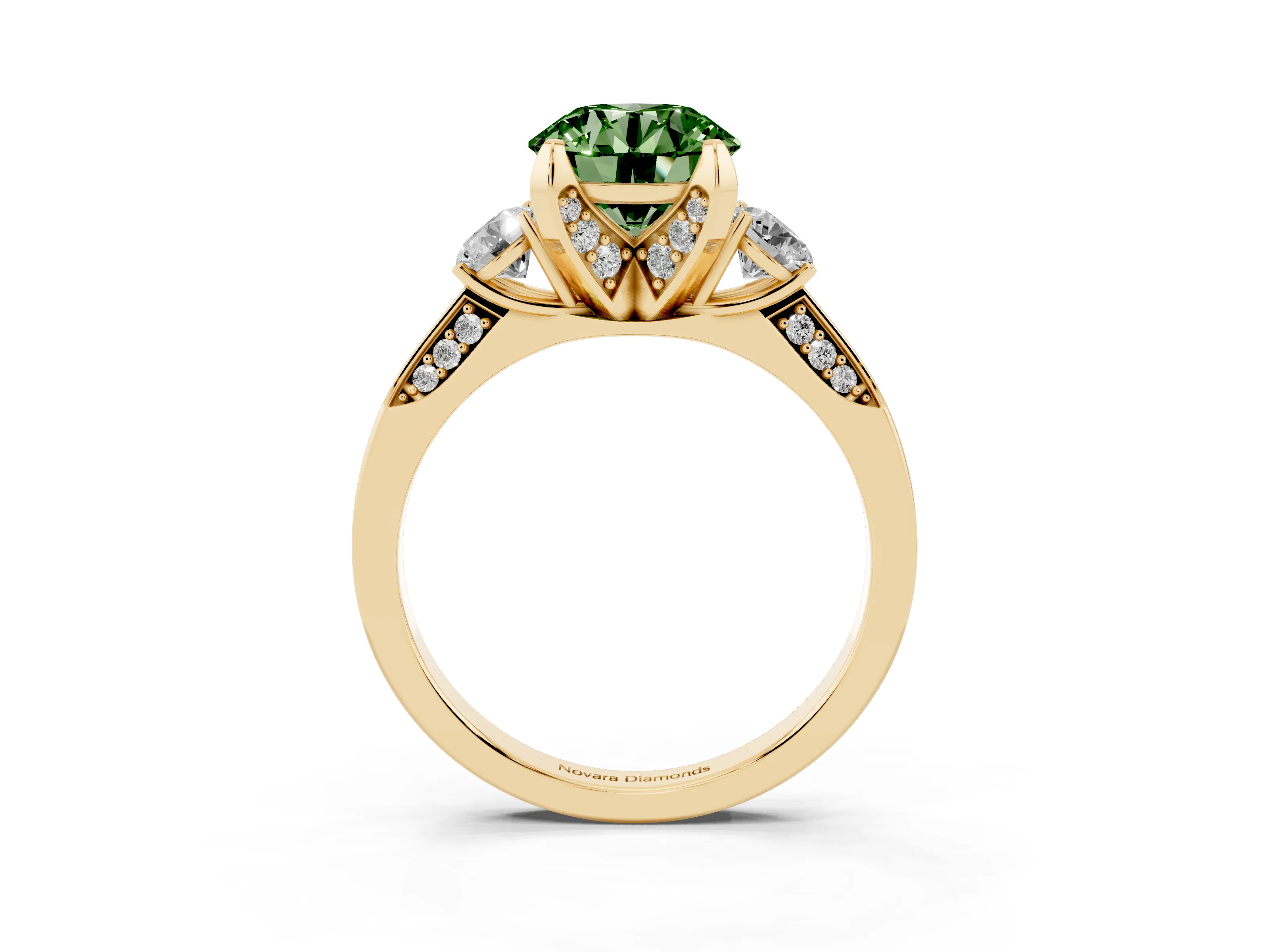 Fancy Green Round Cut Diamond Three-Stone Ring Set in Yellow gold with Pavé Band and Smaller Side Stones
