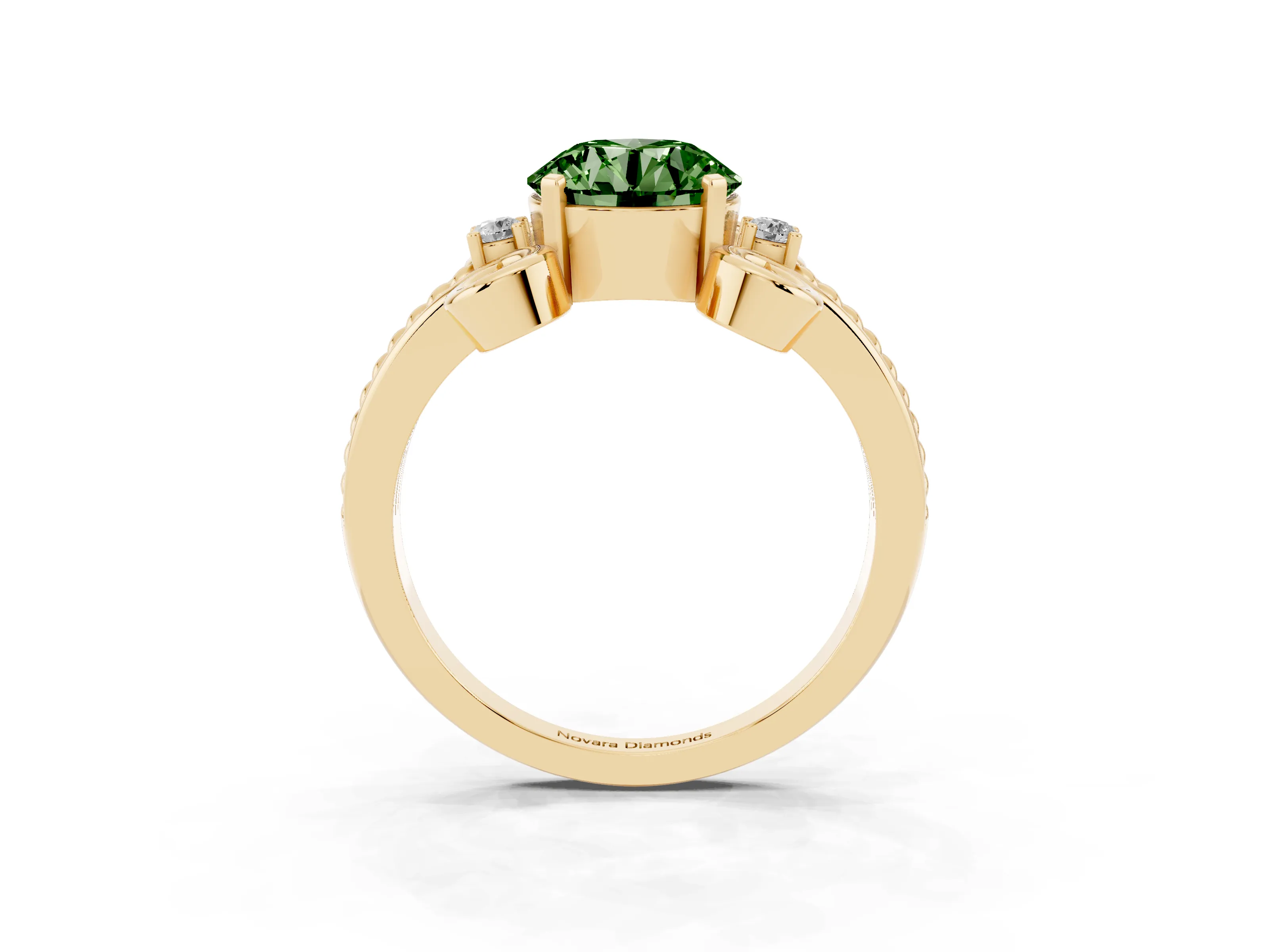 Fancy Green Round Cut Diamond Twisted Band Solitaire Ring Set in Yellow gold with Scroll Prongs