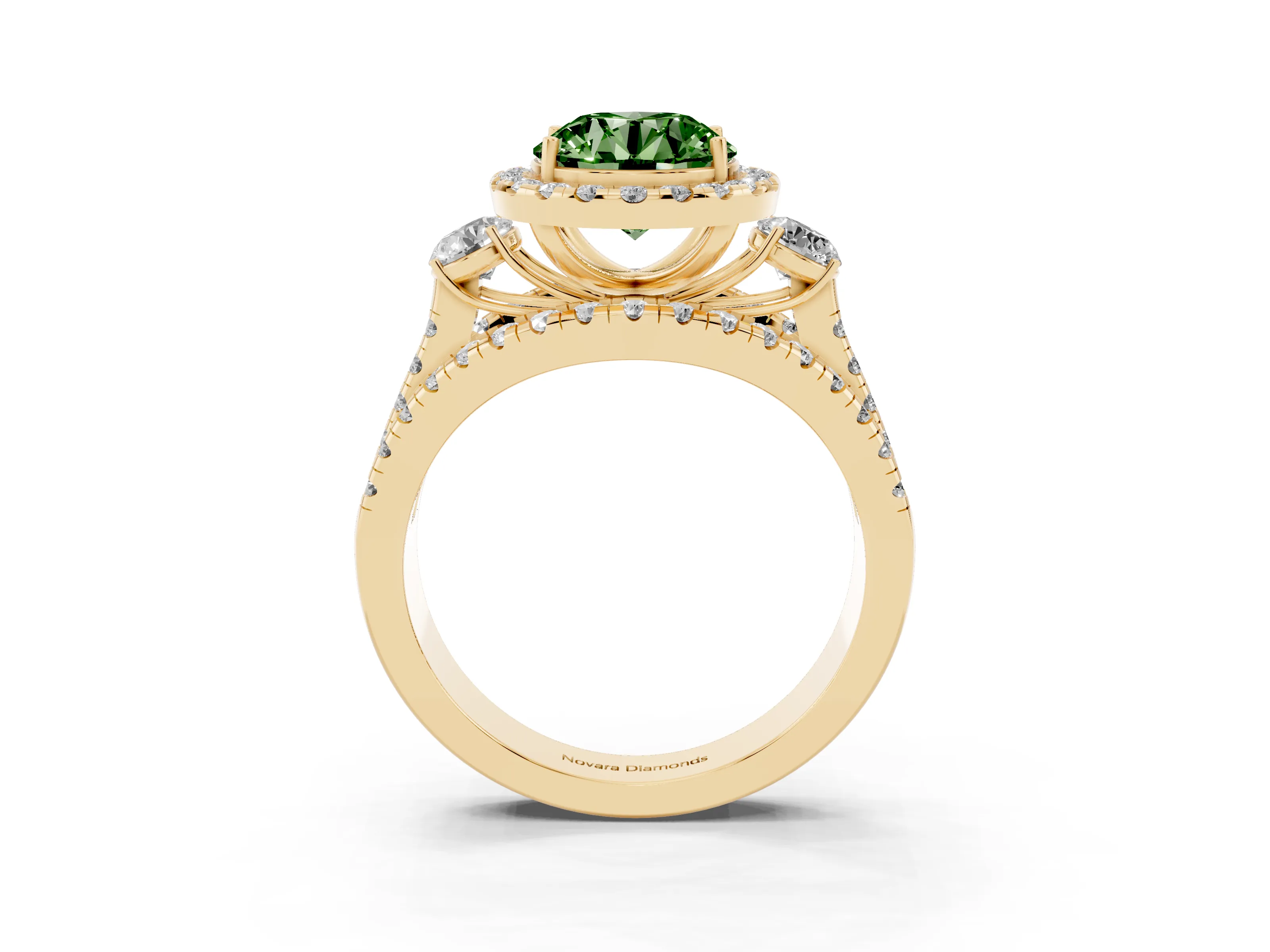 Fancy Green Round Cut Diamond Halo Split Shank Ring Set in Yellow gold with Round Accent Stones and Prong Setting