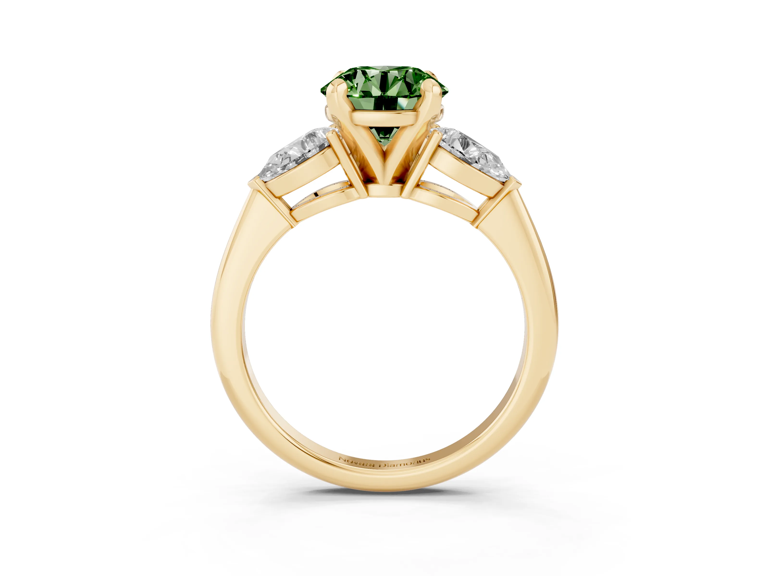 Fancy Green Three-Stone Round Cut Diamond Ring Set in Yellow gold with Pear Side Stones and Prong Setting