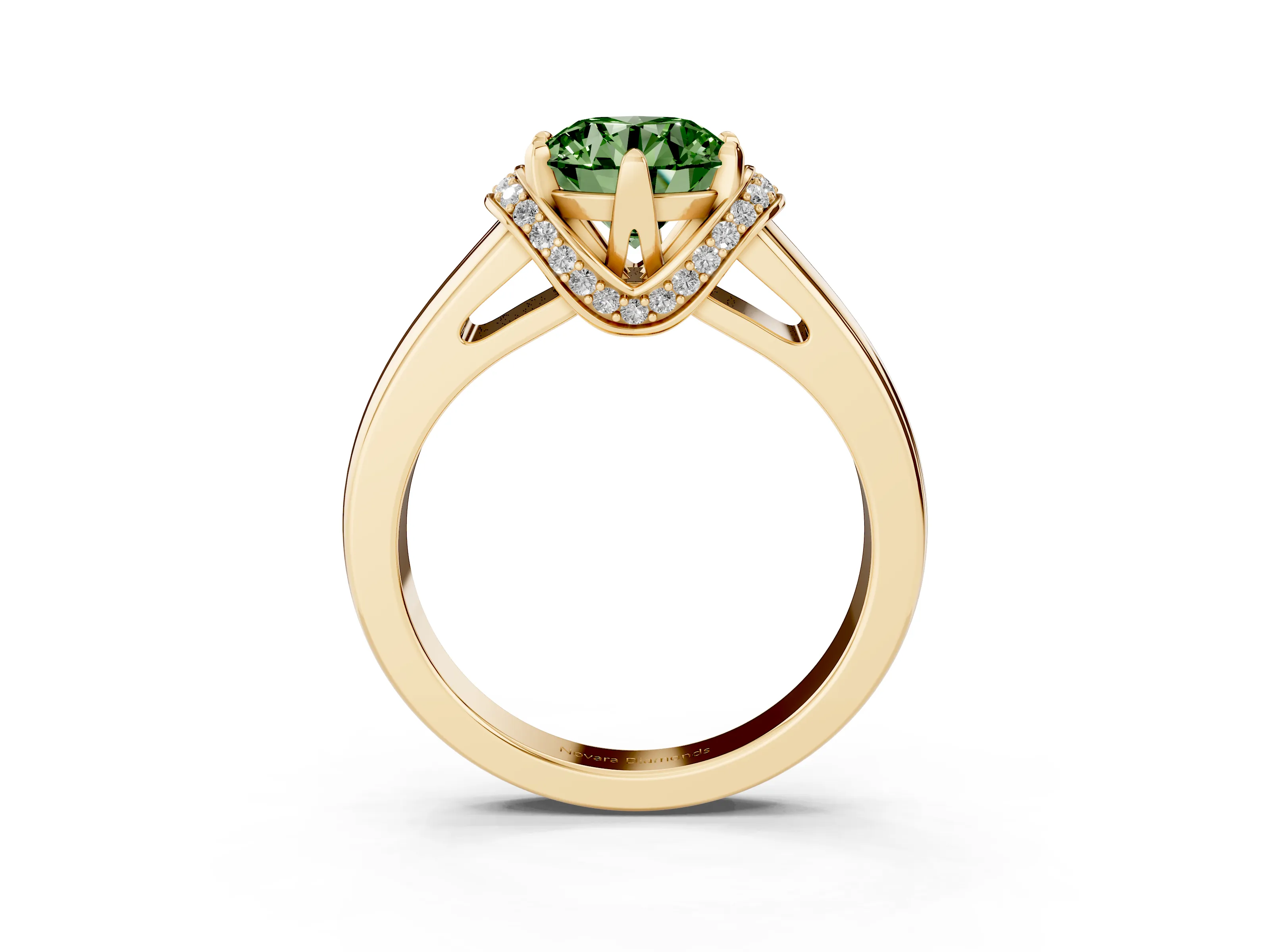 Fancy Green Round Cut Diamond Pavé Band Solitaire Ring Set in Yellow gold with Prong Setting