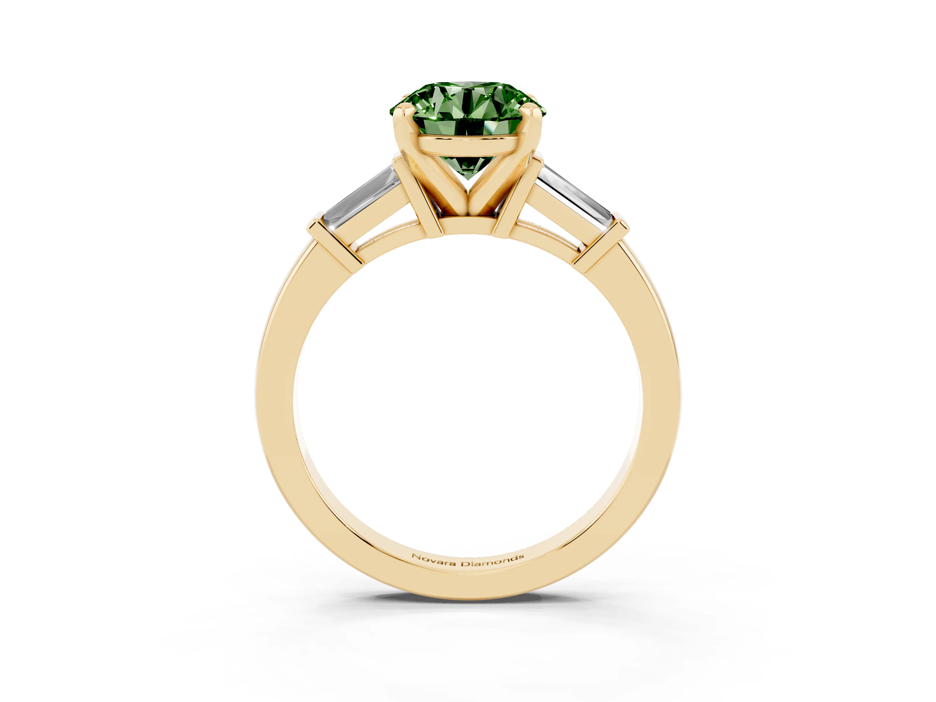 Fancy Green Round Cut Diamond Solitaire Ring Set in Yellow gold with Tapered Baguette Accents and Prong Setting