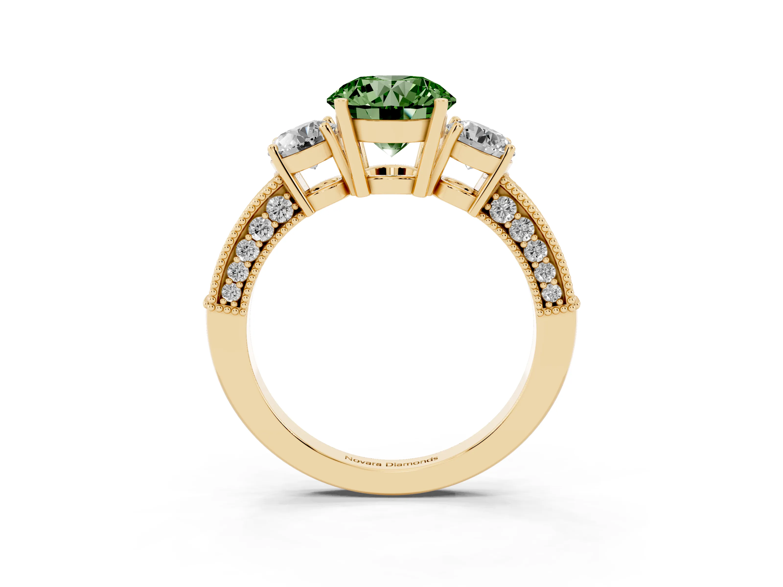 Fancy Green Round Cut Diamond Three-Stone Ring Set in Yellow gold with Round Side Stones and Pavé Band