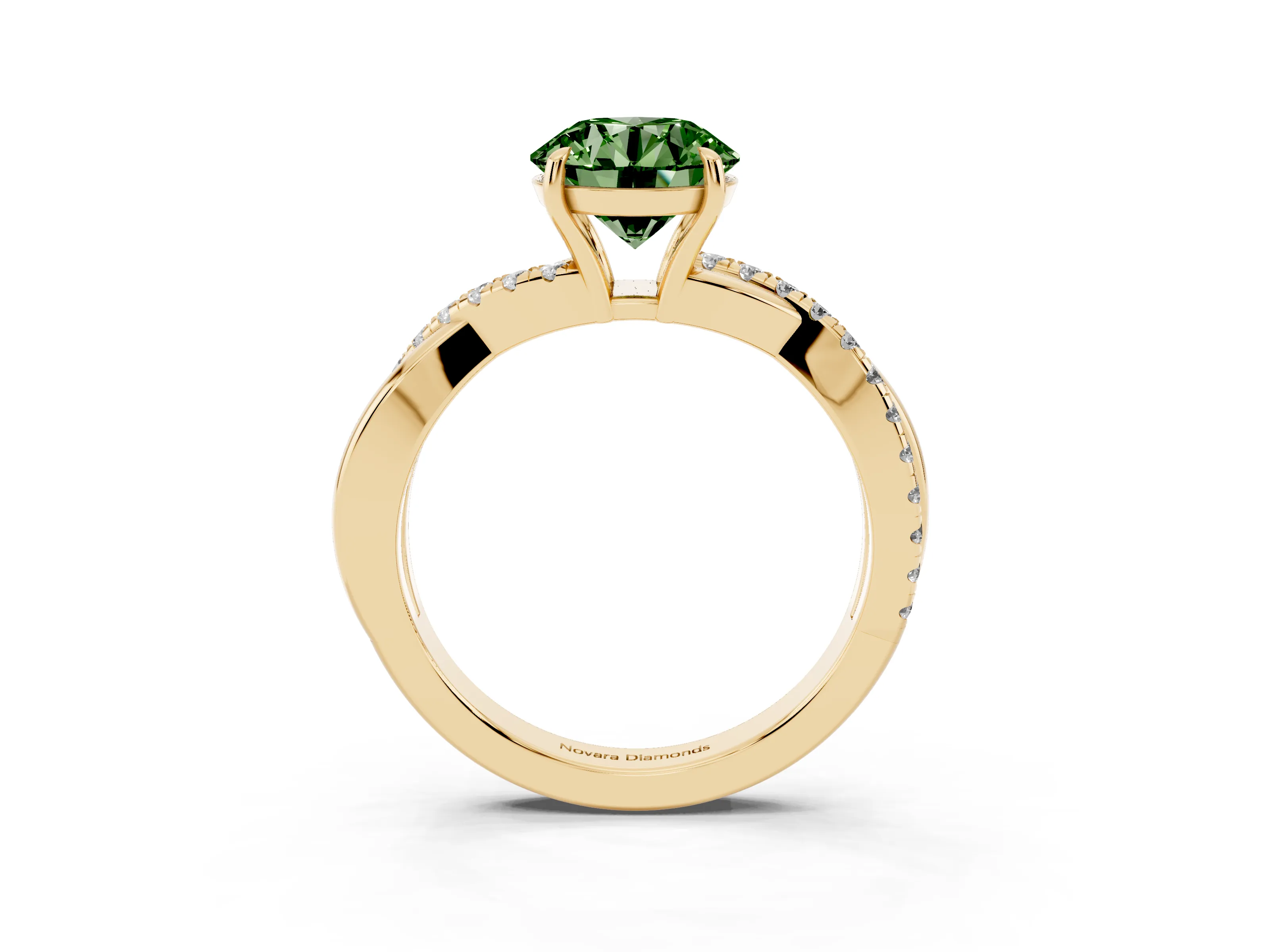 Fancy Green Round Cut Diamond Twisted Pavé Band Ring Set in Yellow gold with Prong Setting