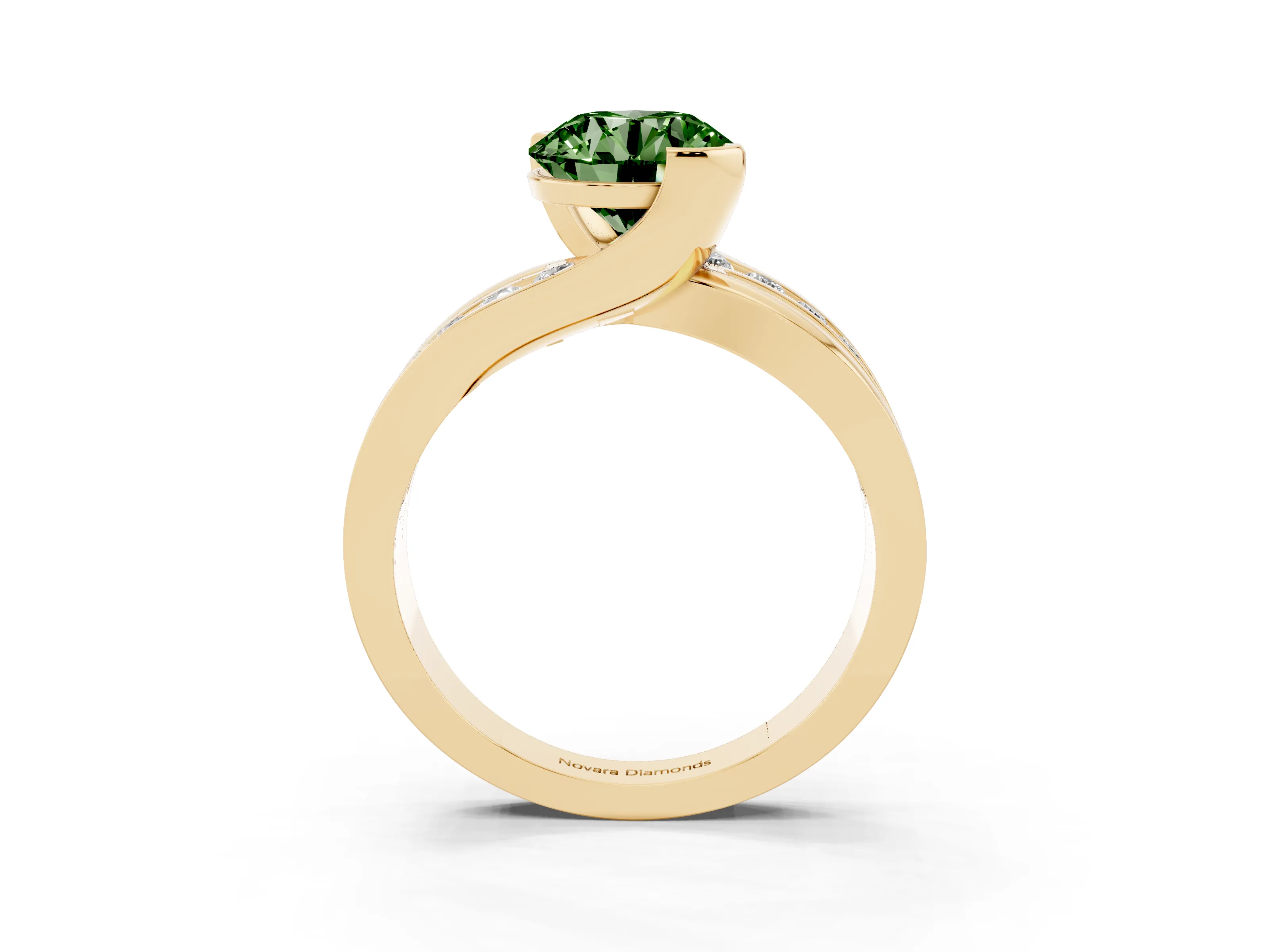 Fancy Green Round Cut Diamond Solitaire Ring Set in Yellow gold with Channel Set Split Shank and Tension Prongs