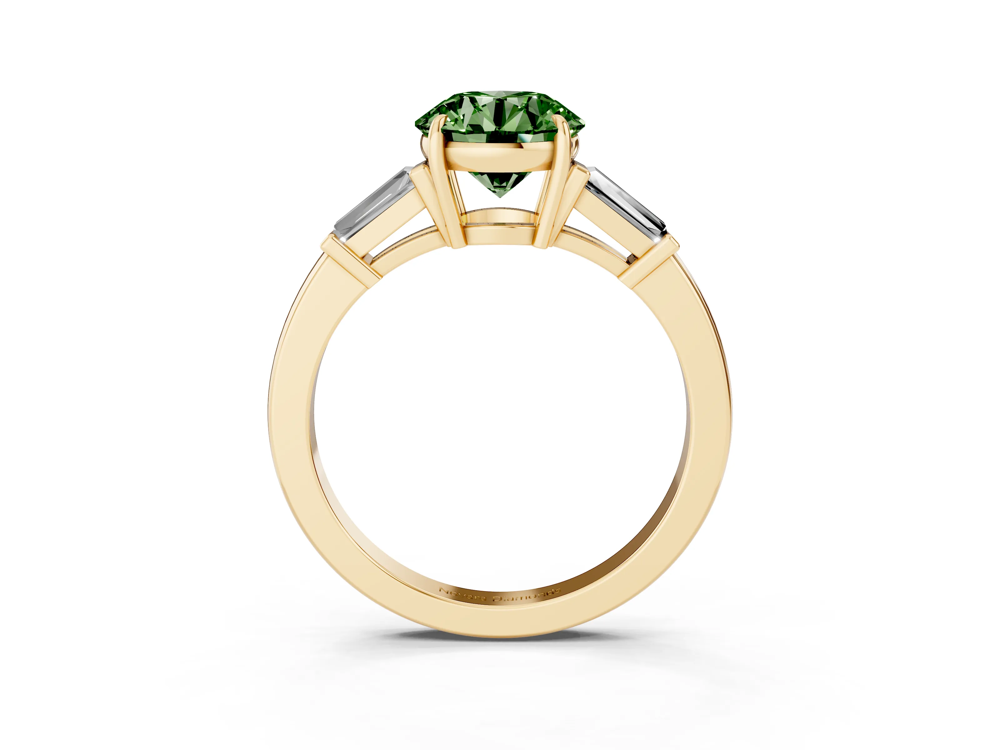 Fancy Green Round Cut Diamond Three-Stone Ring Set in Yellow gold with Tapered Baguette Side Stones and Prong Setting