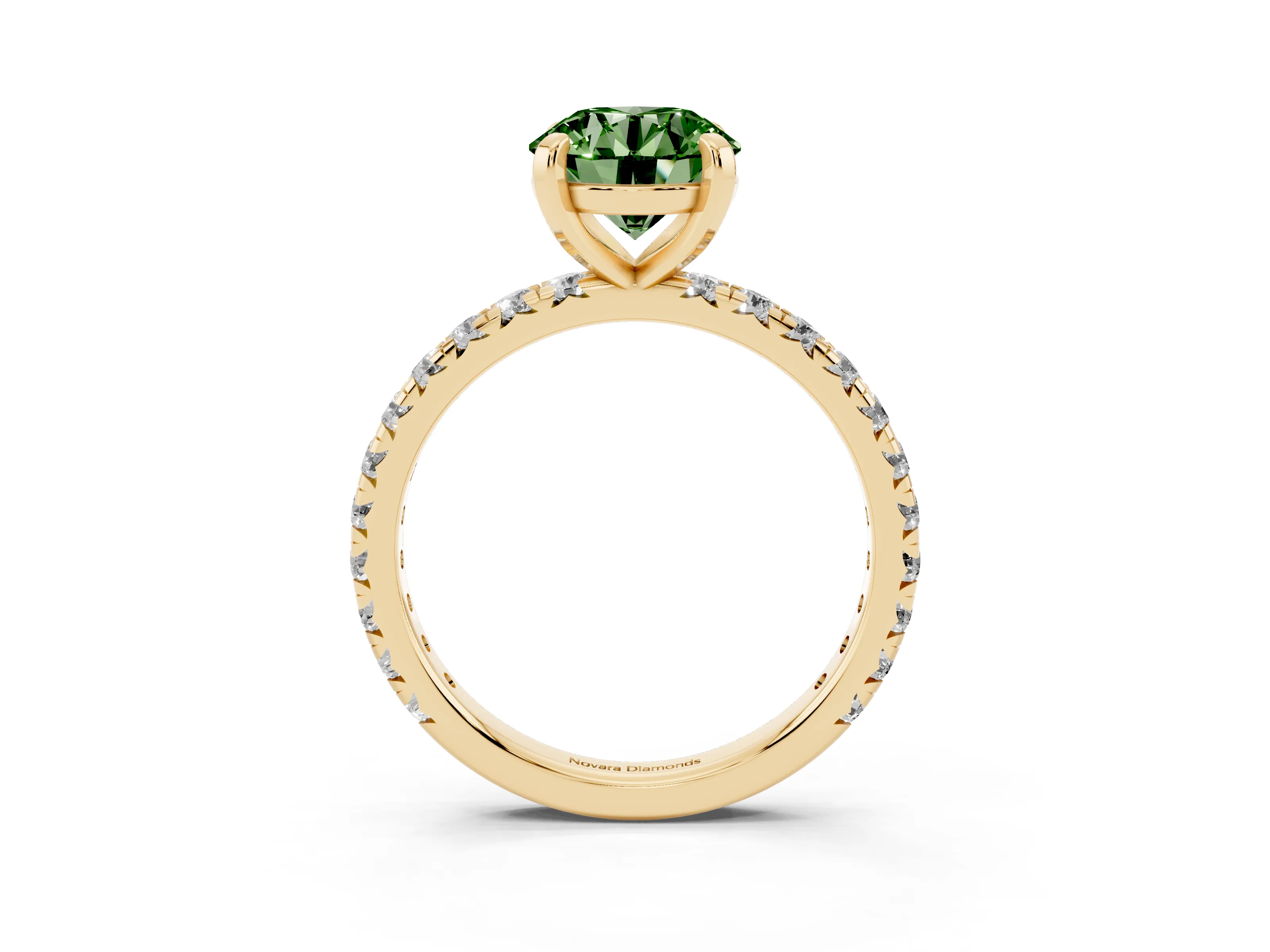 Fancy Green Round Cut Diamond Pavé Solitaire Ring Set in Yellow gold with Round Band and Prong Setting