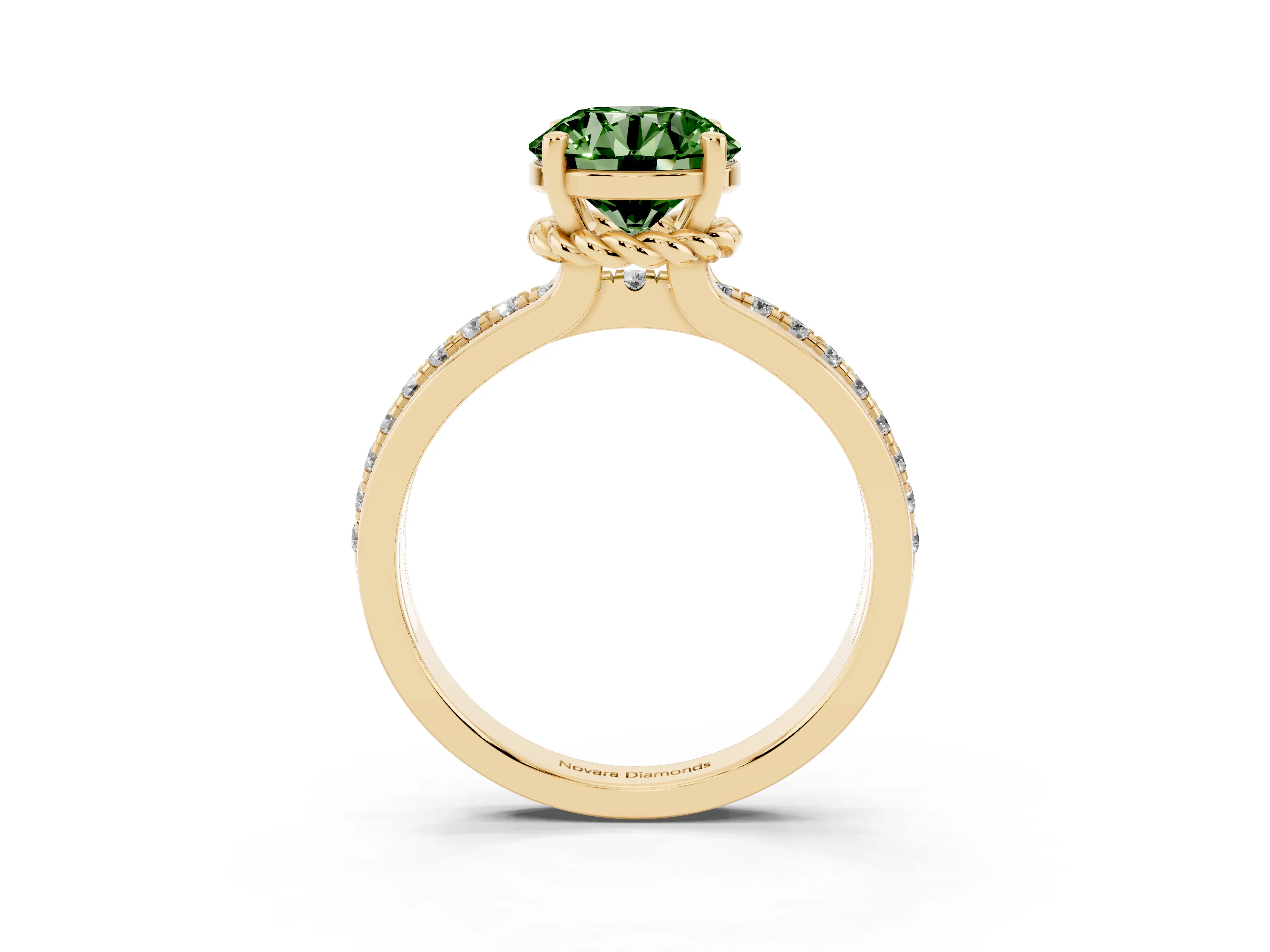Fancy Green Round Cut Diamond Solitaire Ring Set in Yellow gold with Channel Set Band and Prong Setting