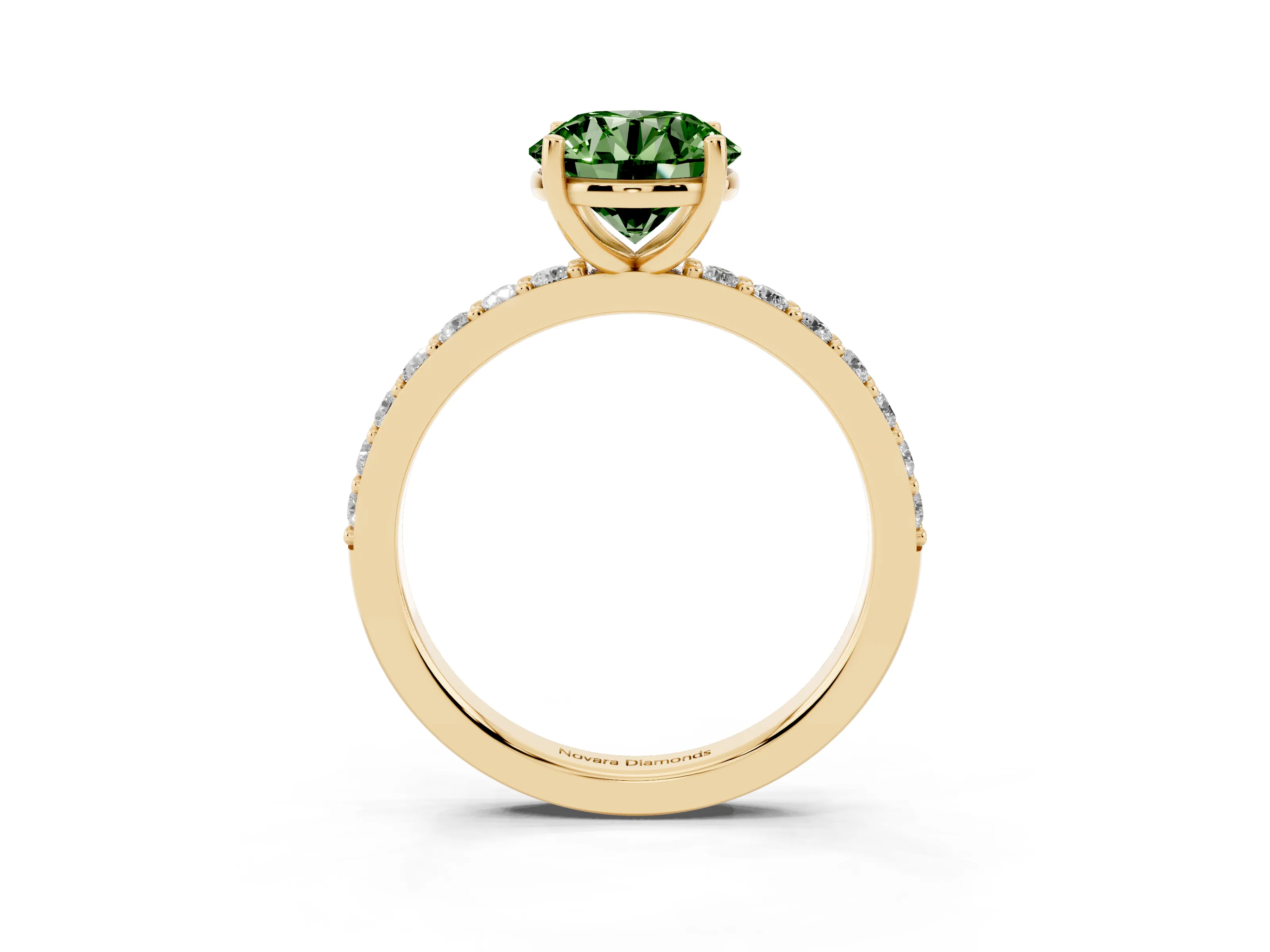 Fancy Green Round Cut Diamond Solitaire Set in Yellow gold with Round Pavé Band and Prong Setting