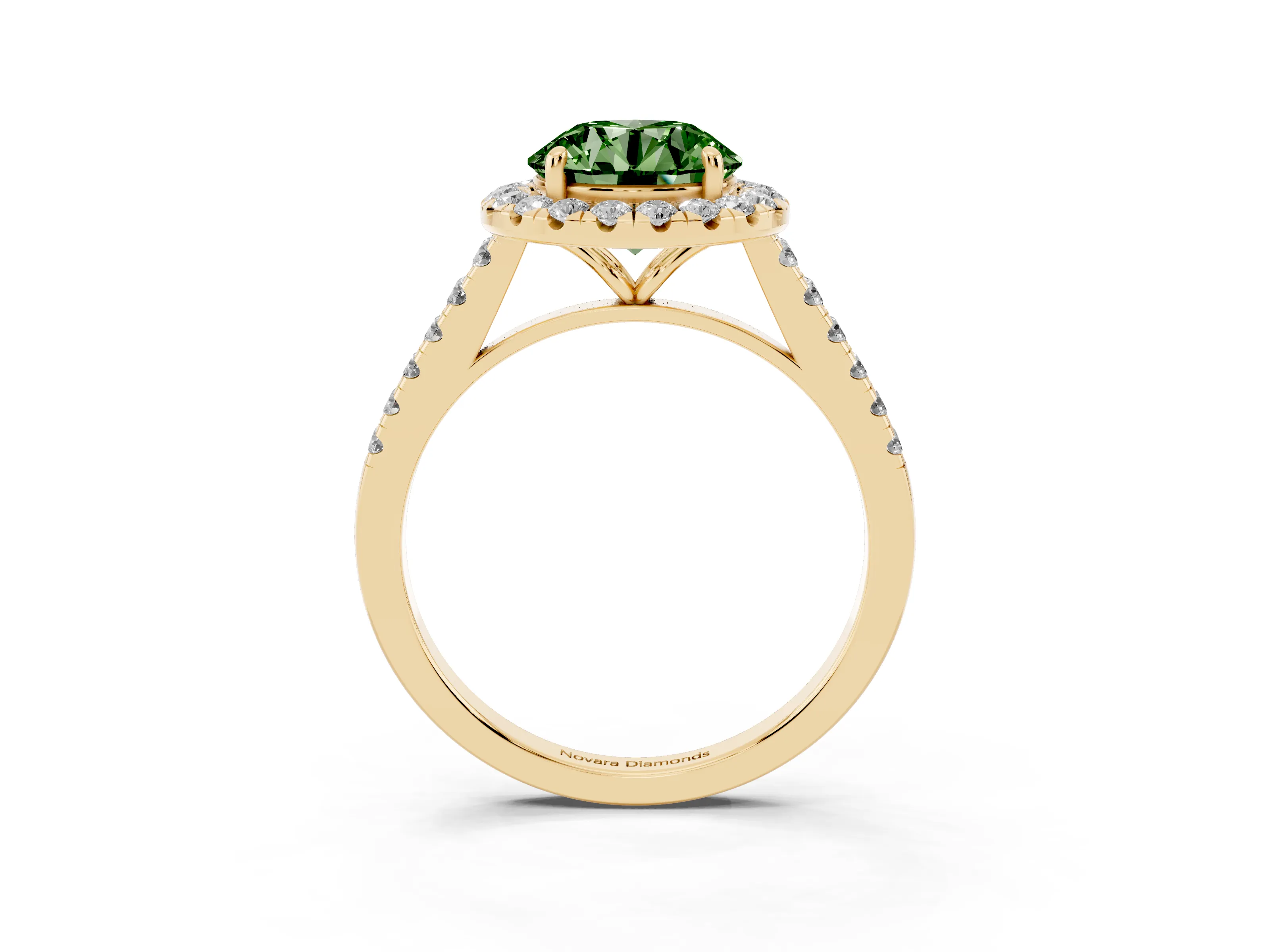 Fancy Green Round Cut Diamond Halo Pavé Engagement Ring Set in Yellow gold with Prong Setting