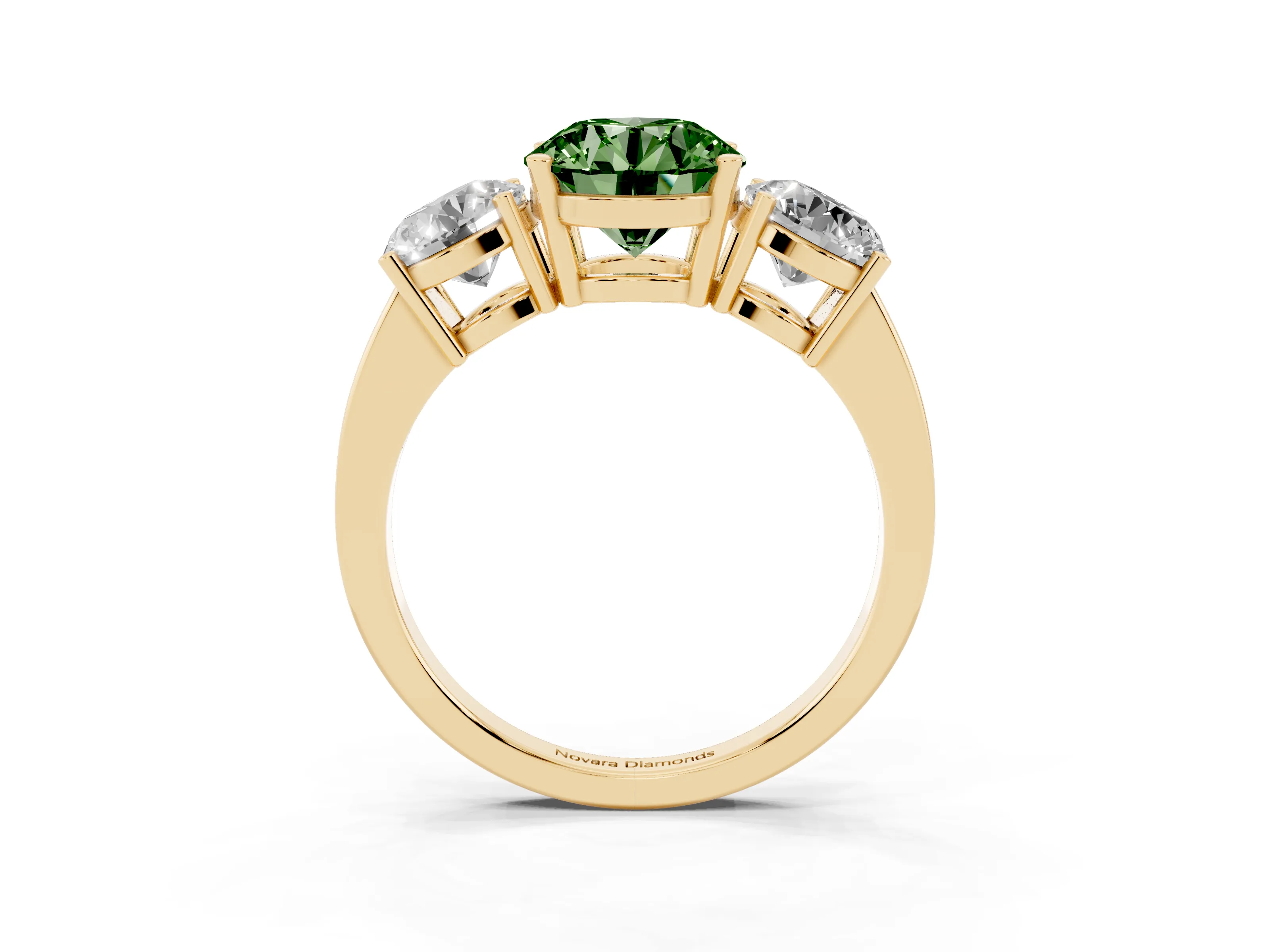 Fancy Green Round Cut Diamond Three-Stone Engagement Ring Set in Yellow gold with Flat Band