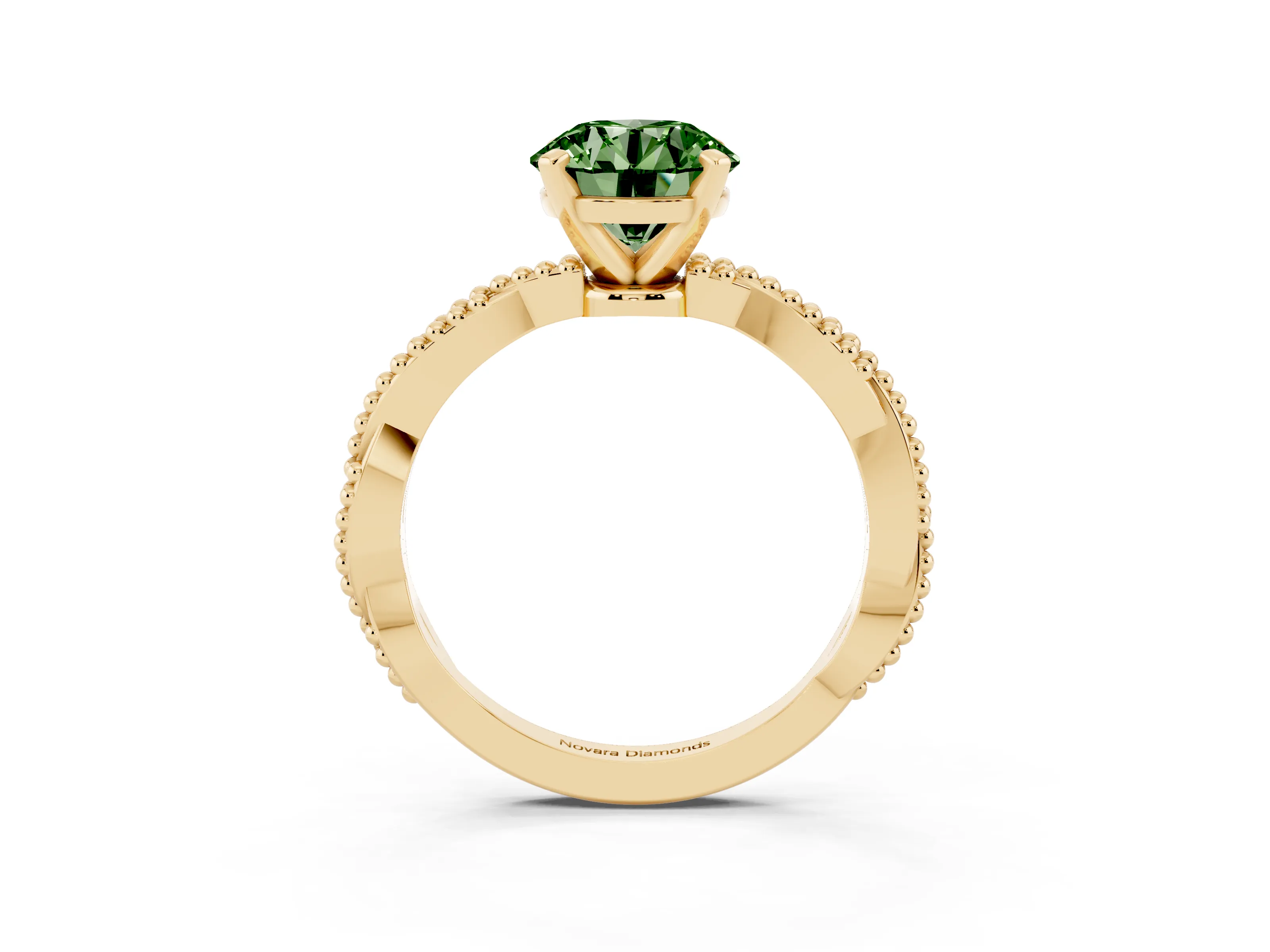 Fancy Green Round Cut Diamond Solitaire Ring Set in Yellow gold with Twisted Band and Bead Prong Setting