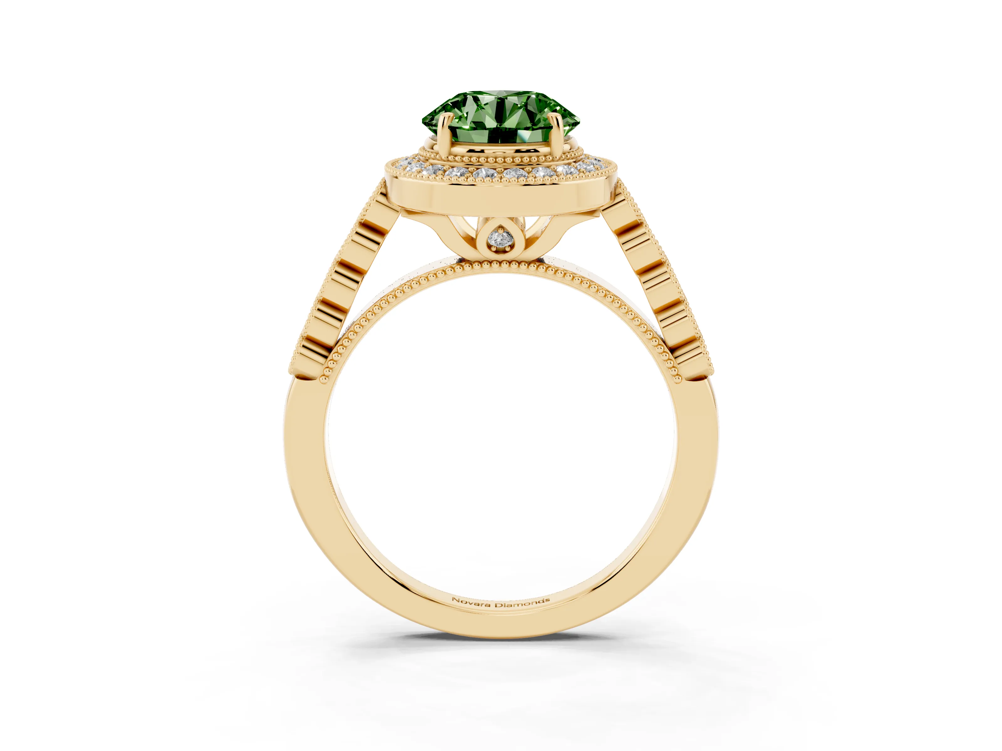 Fancy Green Round Cut Diamond Milgrain Halo Solitaire Ring Set in Yellow gold with Bezel Set Side Stones and Pavé Band