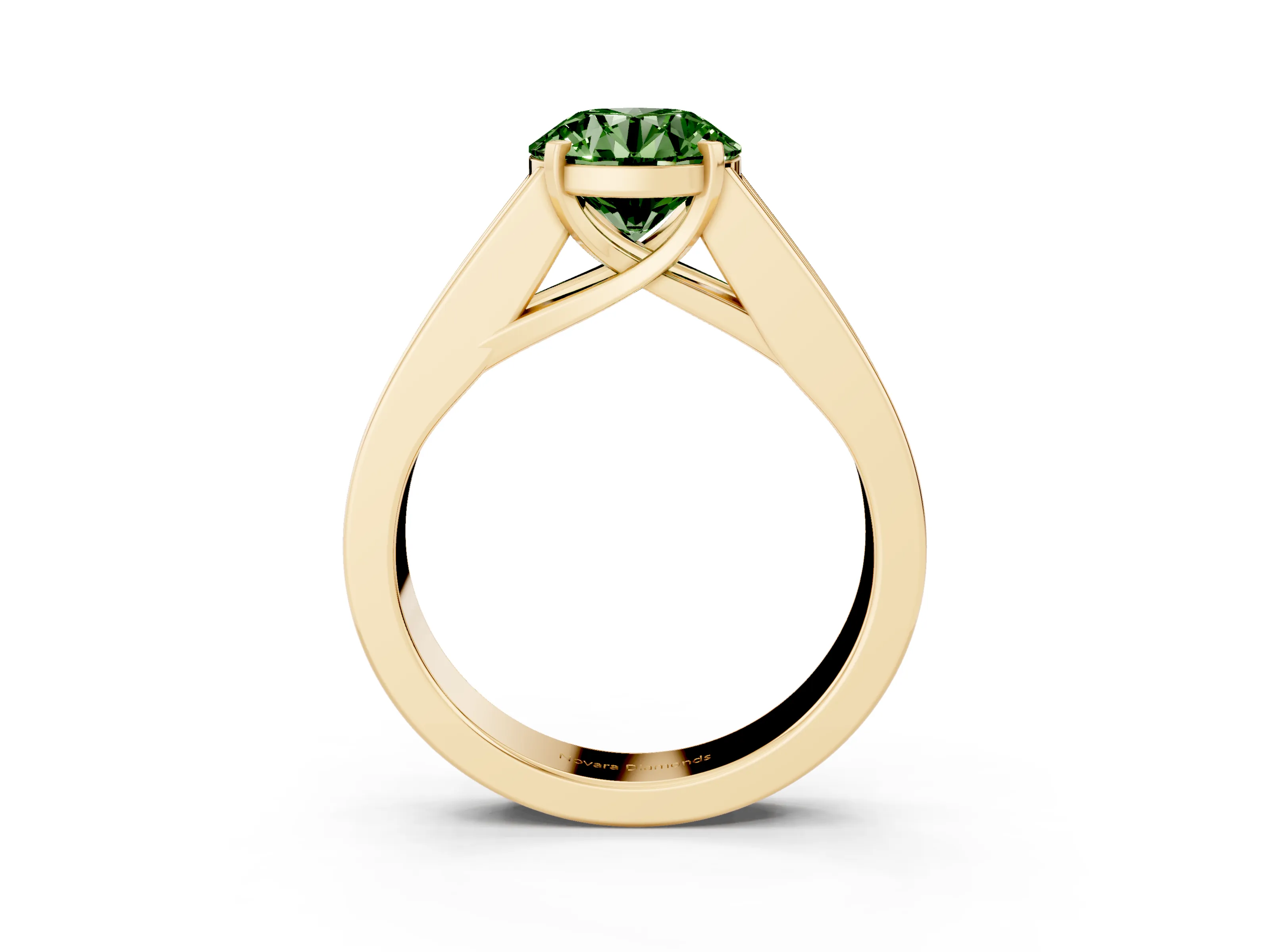 Fancy Green Round Cut Diamond Solitaire Ring Set in Yellow gold with Channel-Set Accent Stones and Prong Setting