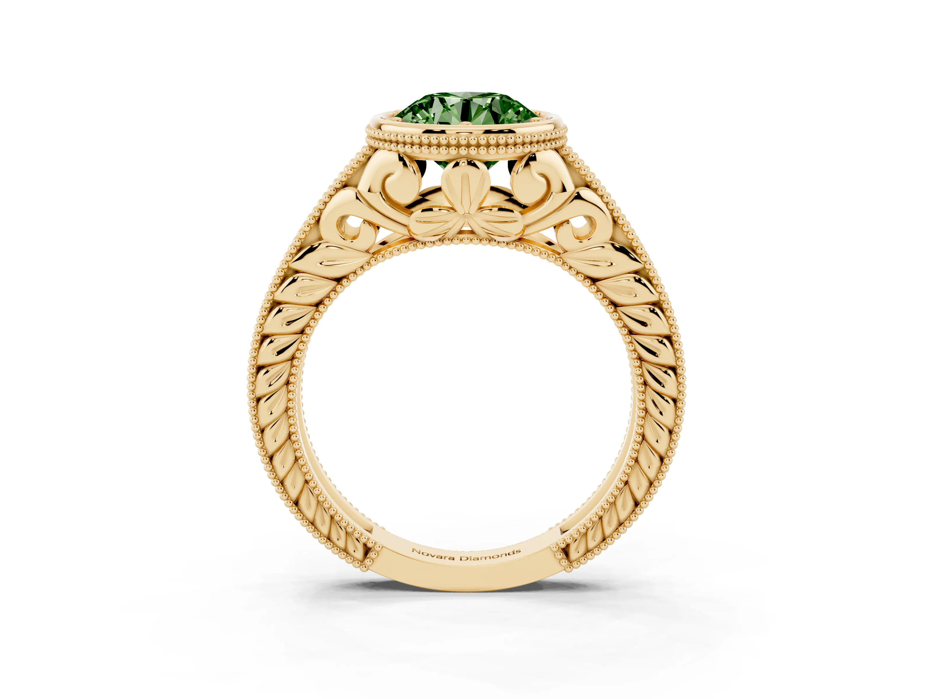 Fancy Green Bezel Set Round Cut Diamond Milgrain Pavé Engagement Ring Set in Yellow gold