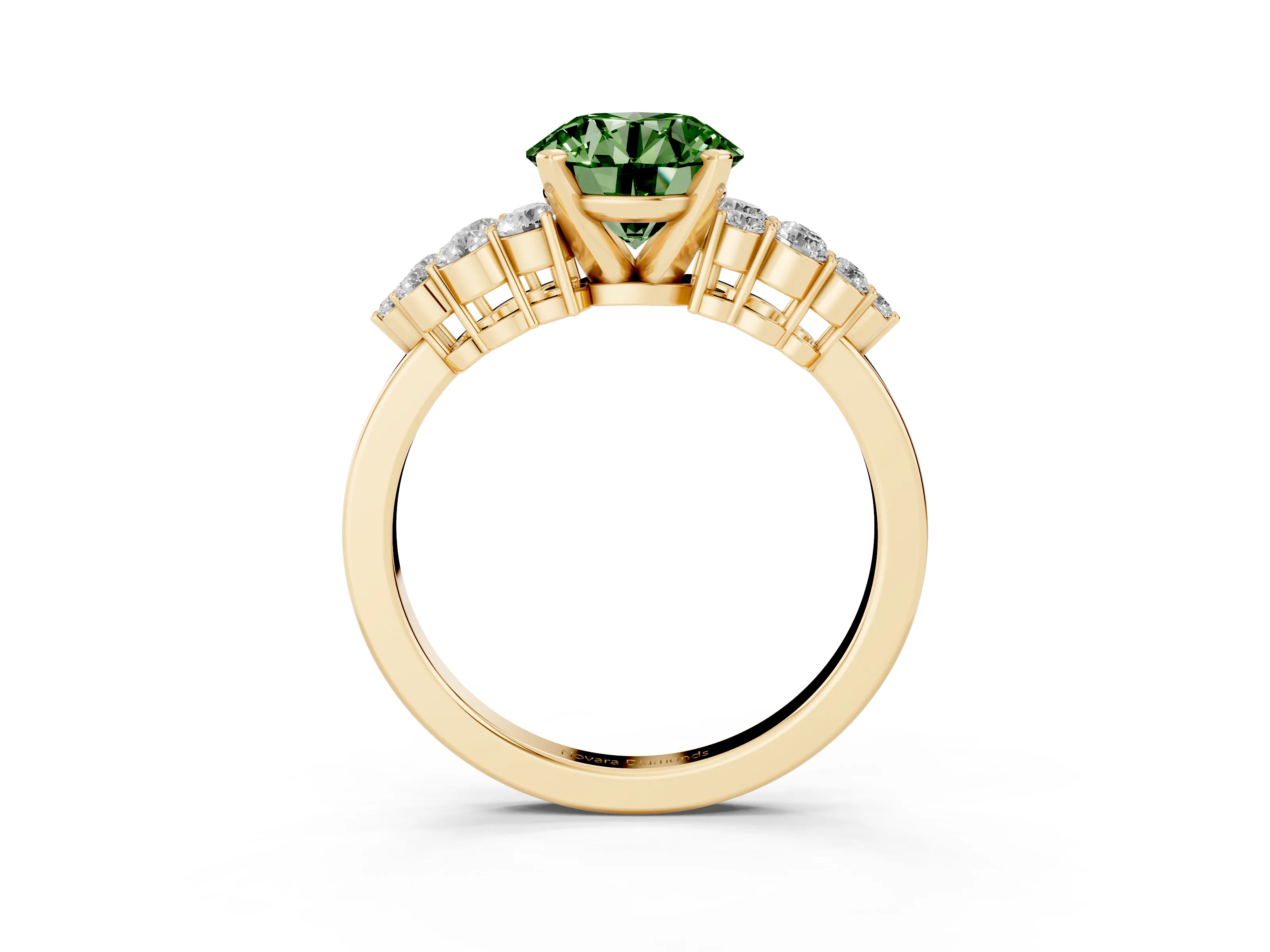 Fancy Green Round Cut Diamond Cluster Engagement Ring Set in Yellow gold with Pavé Band and Prong Setting
