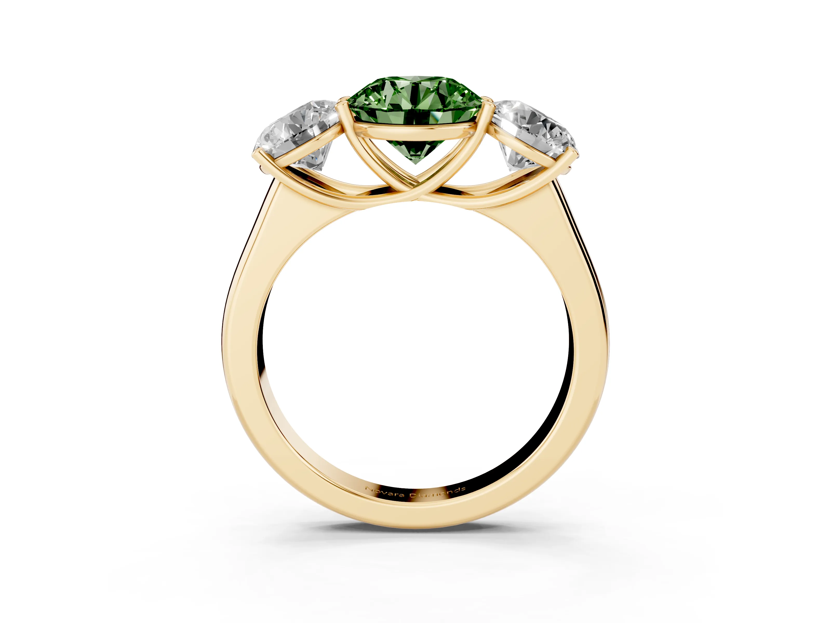 Fancy Green Round Cut Diamond Three-Stone Ring Set in Yellow gold with Plain Polished Band