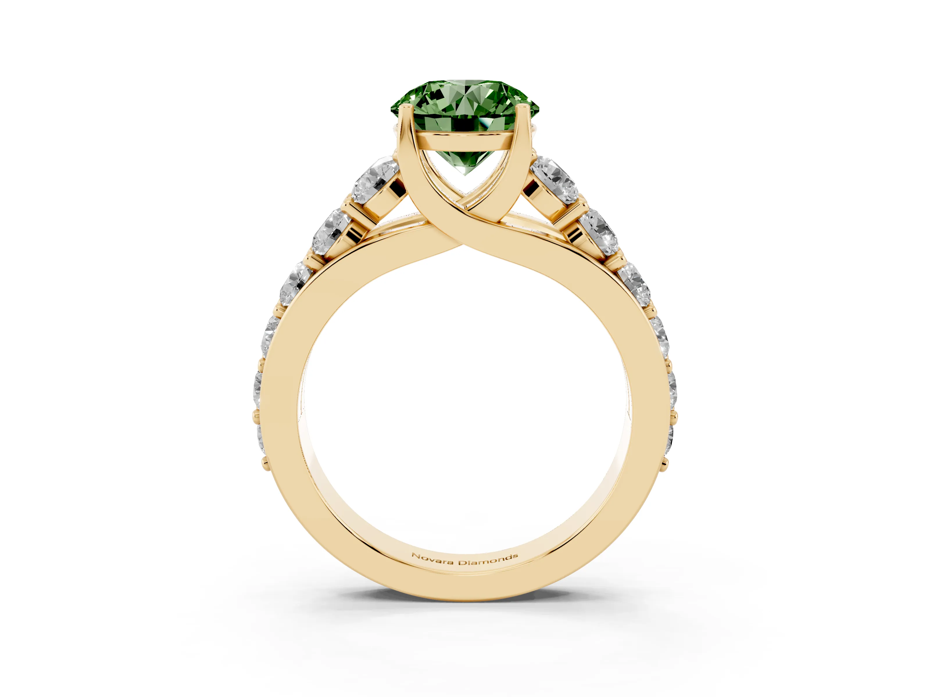 Fancy Green Round Cut Diamond Pavé Engagement Ring Set in Yellow gold with Prong Setting