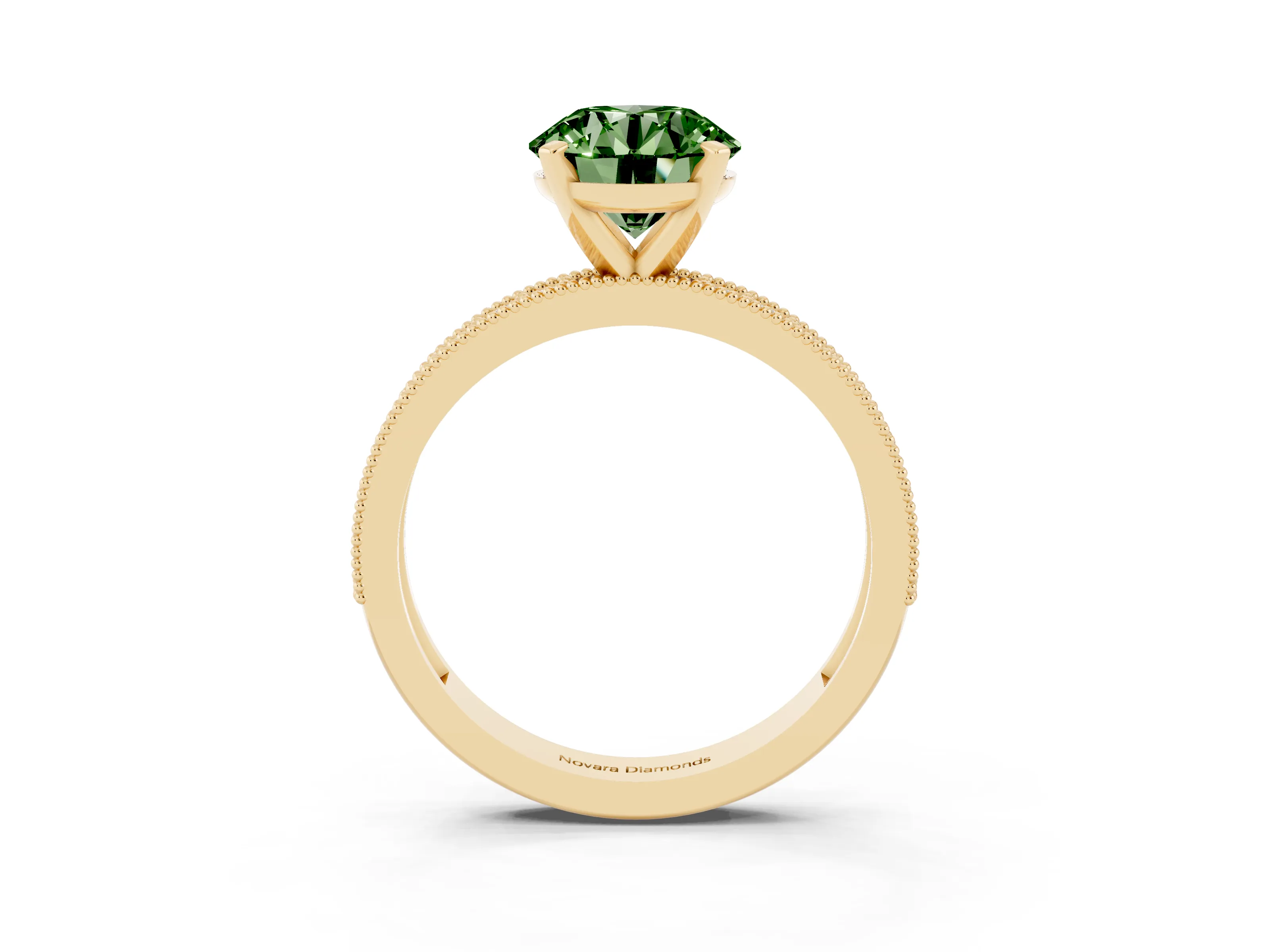Fancy Green Round Cut Diamond Milgrain Pavé Engagement Ring Set in Yellow gold with Prong Setting