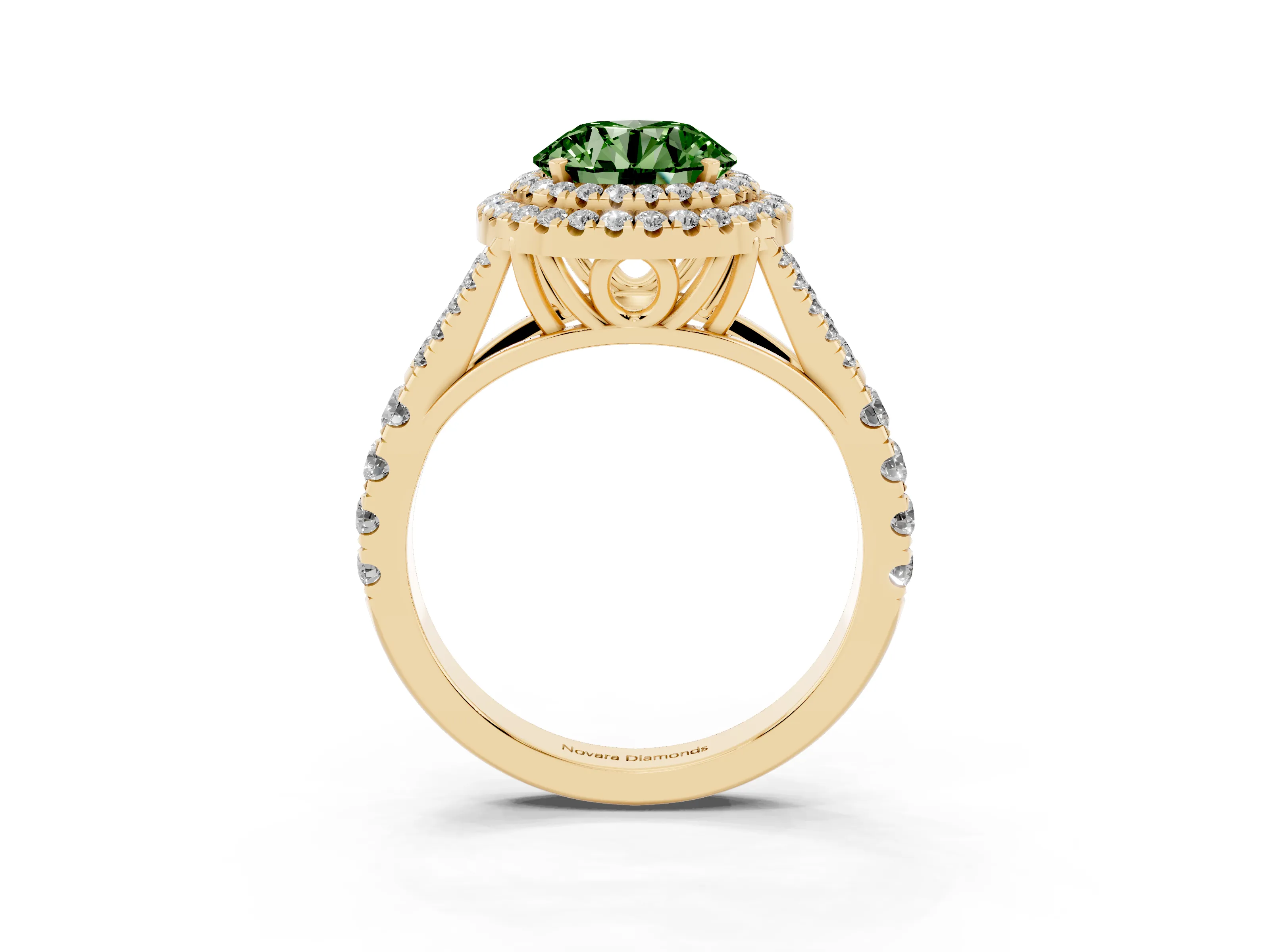 Fancy Green Round Cut Diamond Pavé Split Shank Double Halo Engagement Ring Set in Yellow gold