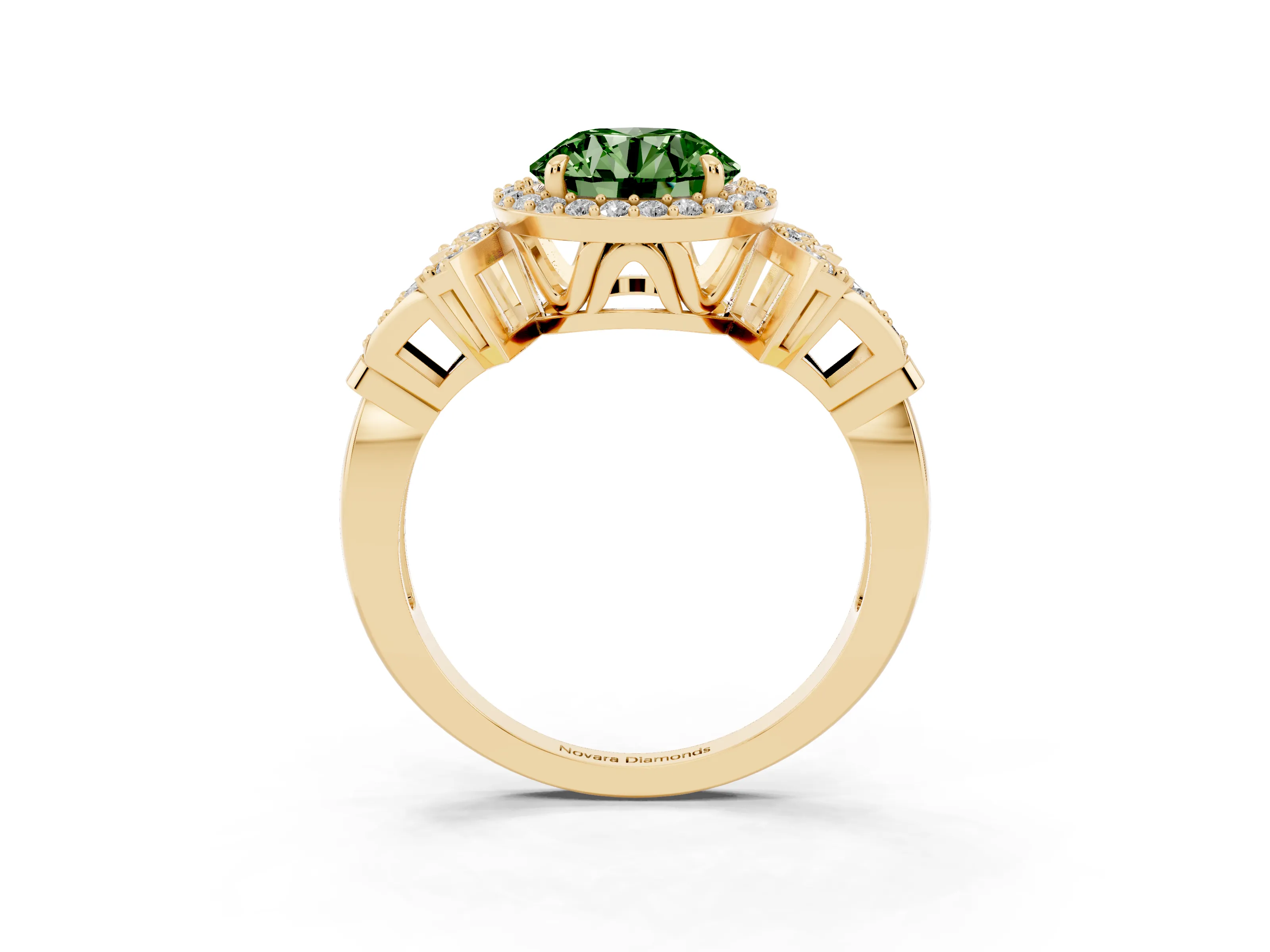 Fancy Green Round Cut Diamond Halo Engagement Ring Set in Yellow gold with Accent Stone Split Shank