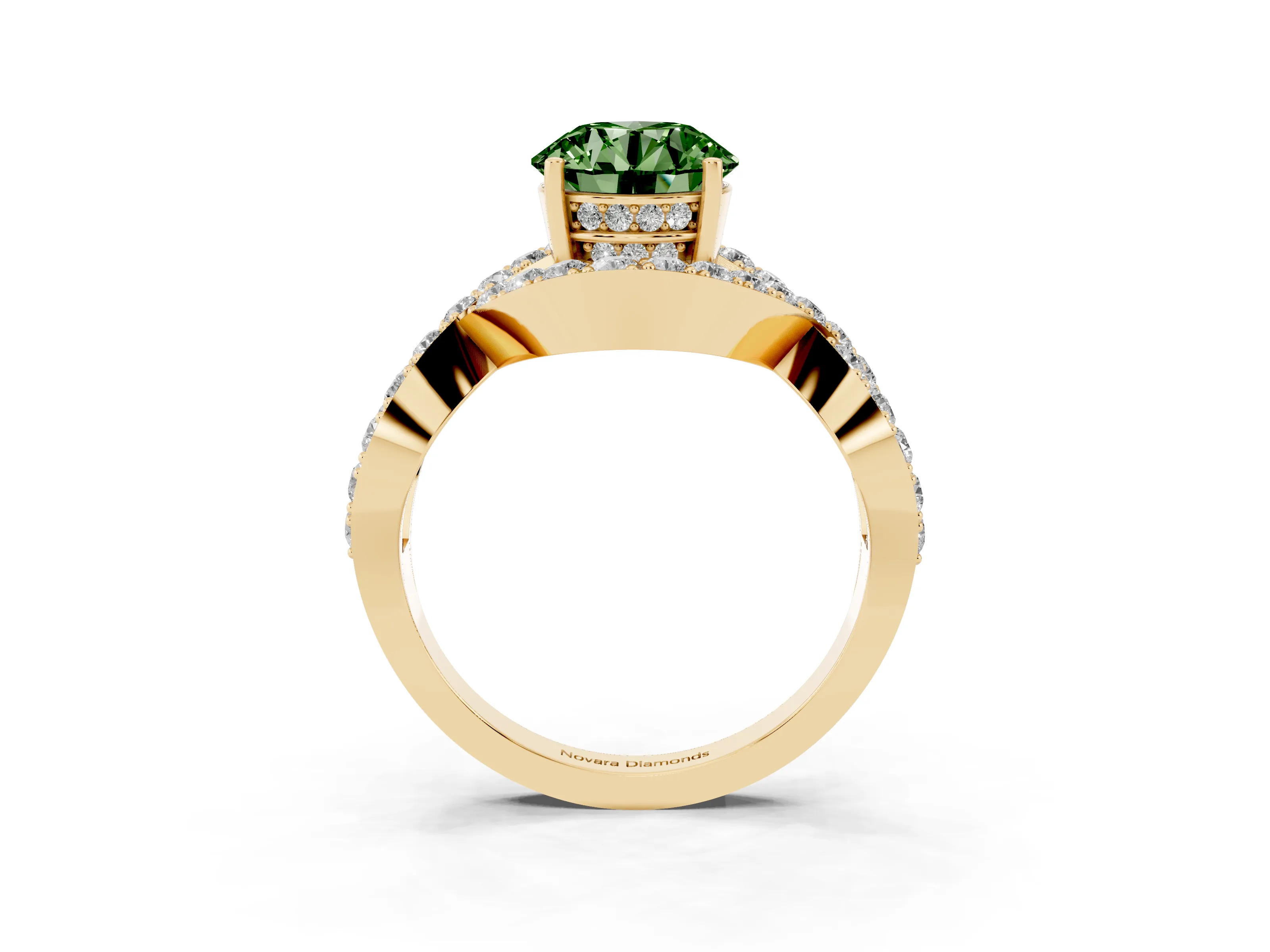 Fancy Green Round Cut Diamond Solitaire Twist Band Pavé Engagement Ring Set in Yellow gold