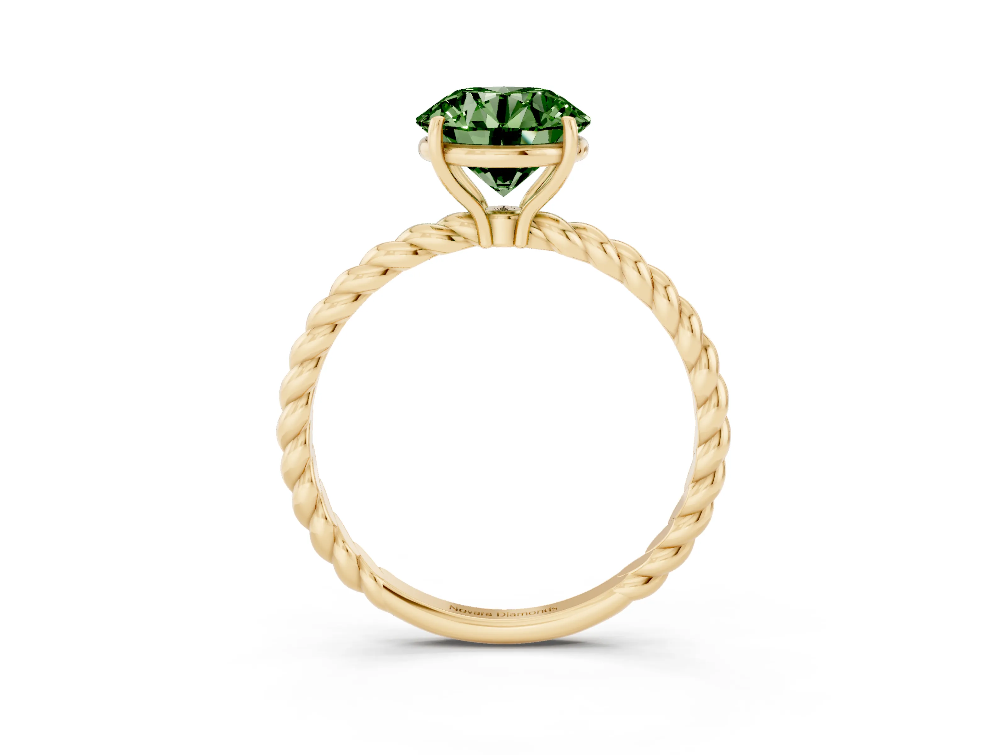 Fancy Green Round Cut Diamond Solitaire Ring Set in Yellow gold with Twist Band and Prong Setting