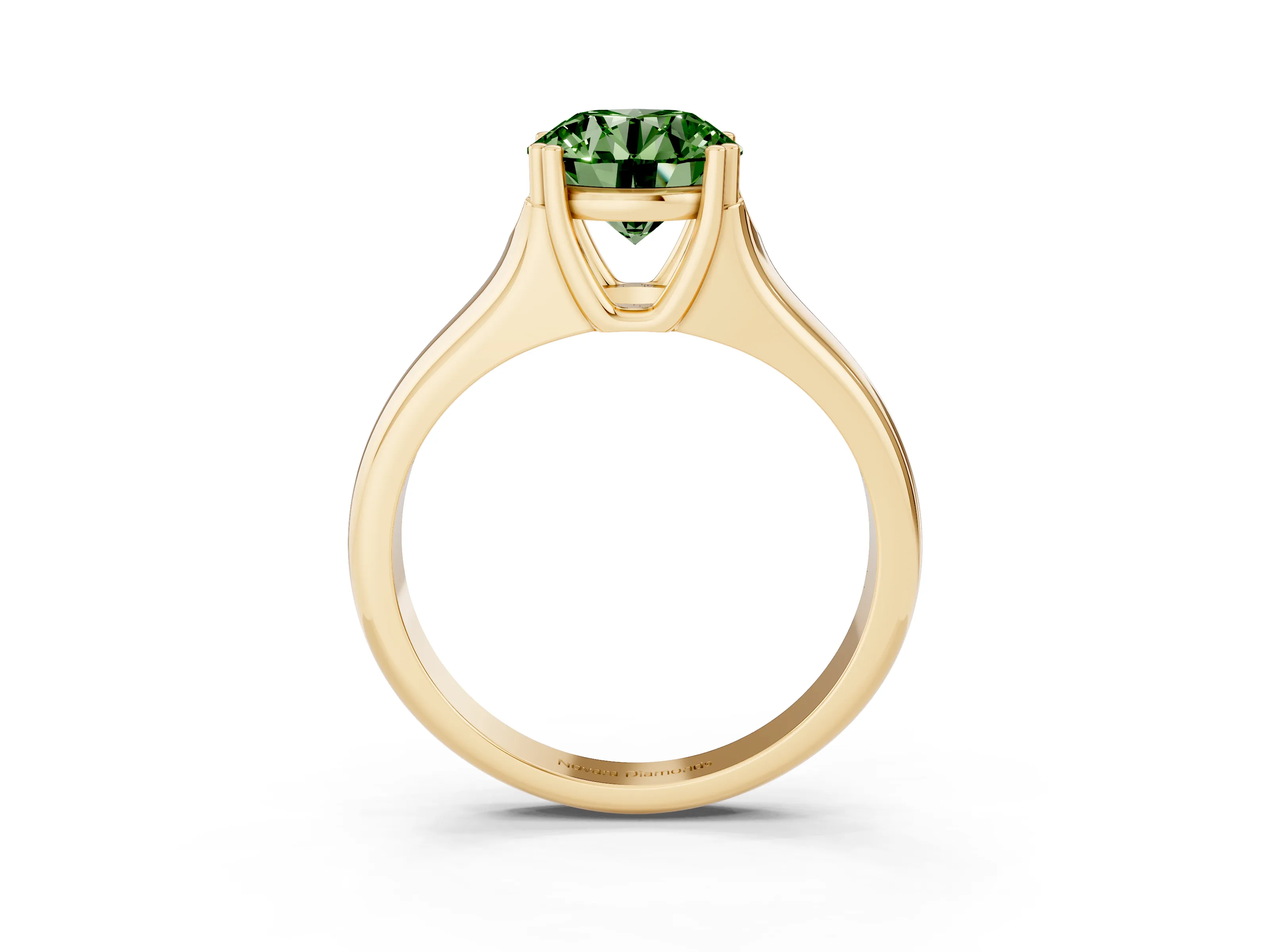 Fancy Green Round Cut Diamond Solitaire Ring Set in Yellow gold with Wide Band and Prong Setting