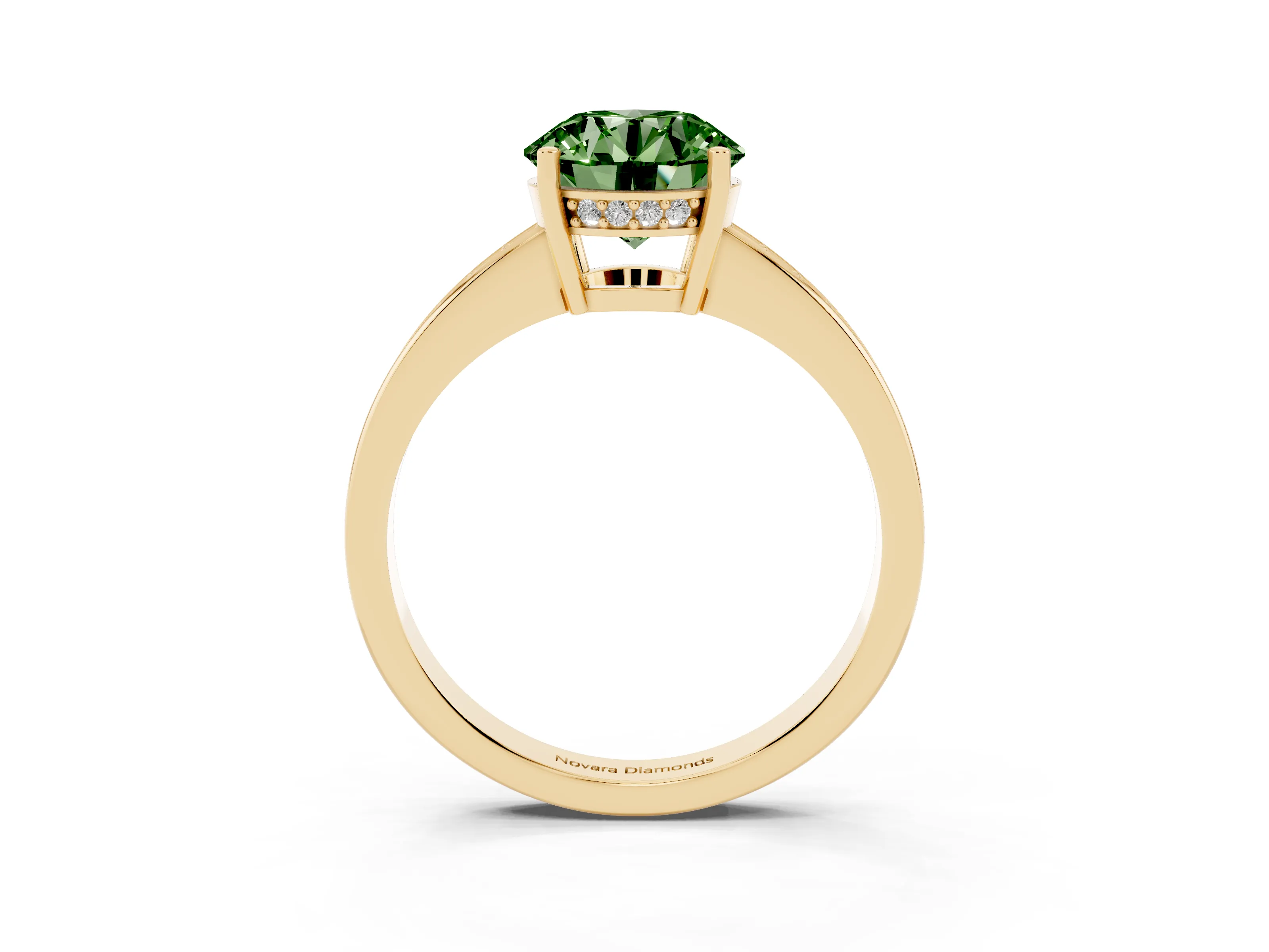 Fancy Green Round Cut Diamond Pavé Band Prong Set Solitaire Ring Set in Yellow gold