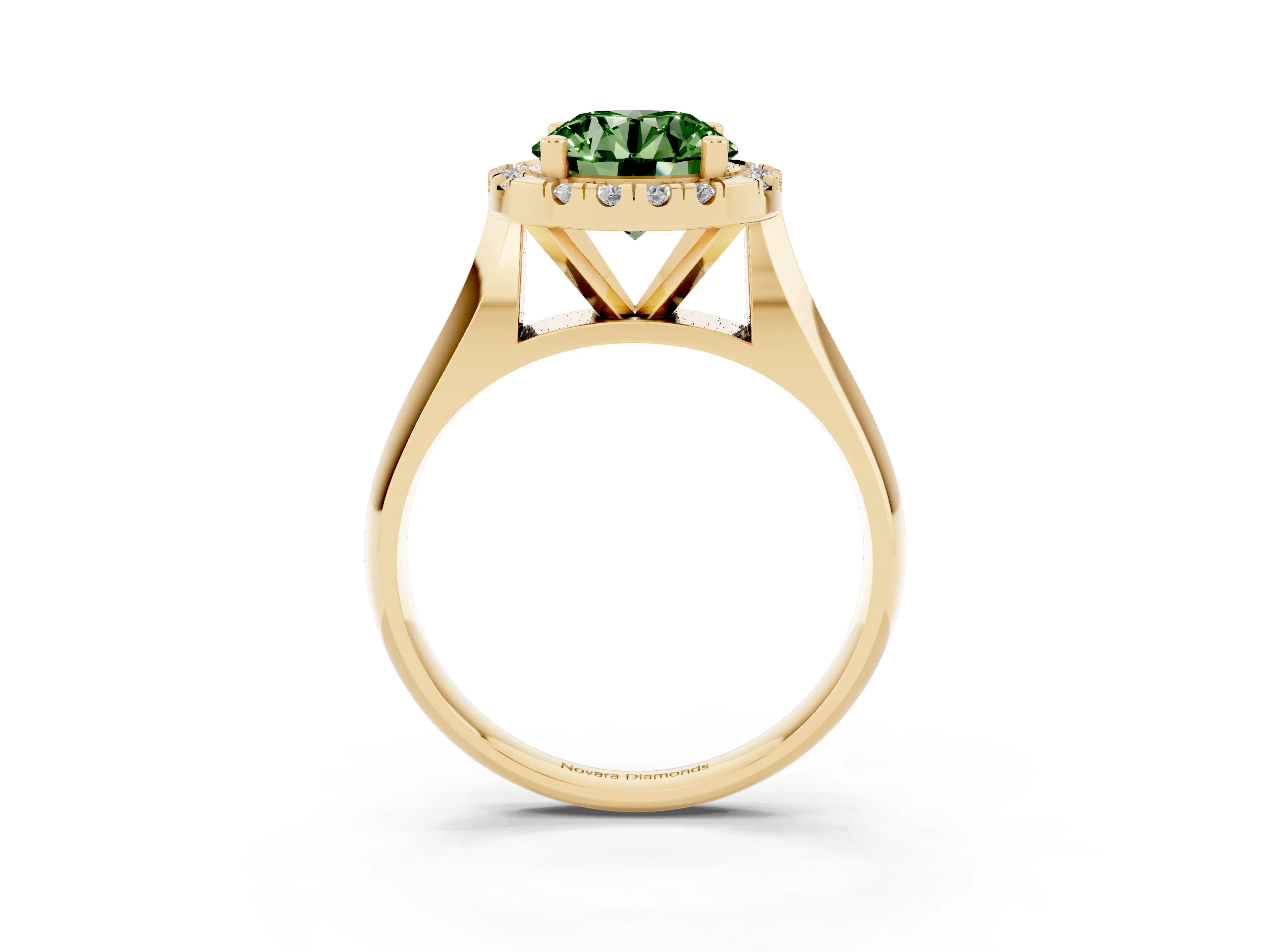 Fancy Green Round Cut Diamond Halo Solitaire Engagement Ring Set in Yellow gold with Square Band and Prong Setting